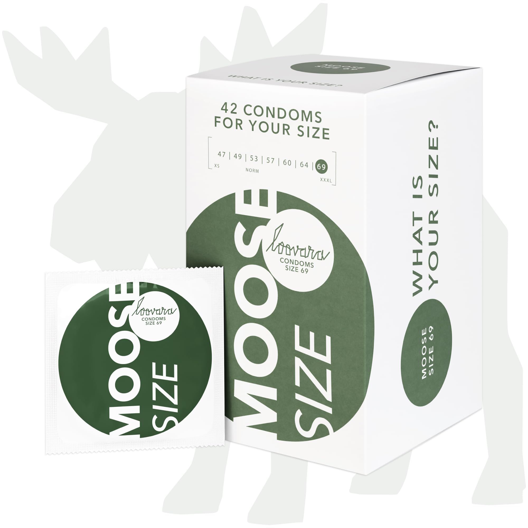 Preservativi Loovara Moose, 42 pezzi, taglia 69, con indicazione della taglia.