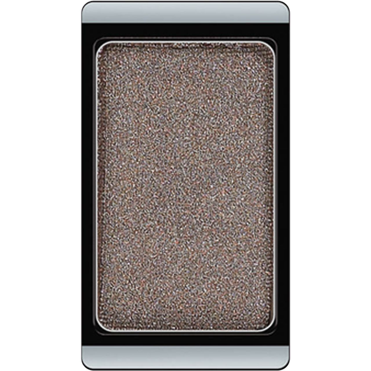 Ombretto rettangolare. Tonalità grigia con glitter. Cornice nera con bordo argentato.