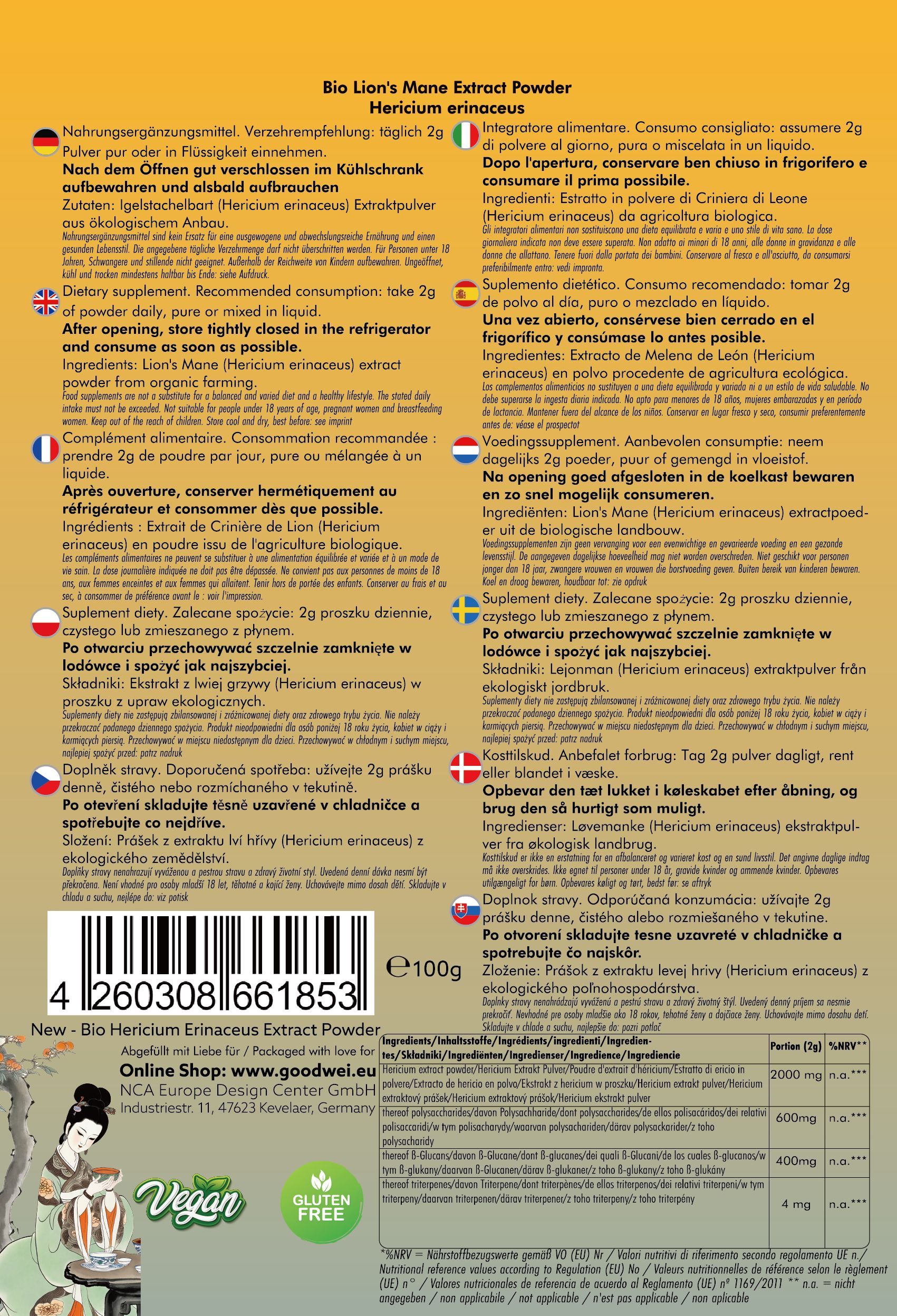 Retro della confezione di "Bio Hericium Erinaceus Extrakt Pulver". Informazioni multilingue su uso e ingredienti.