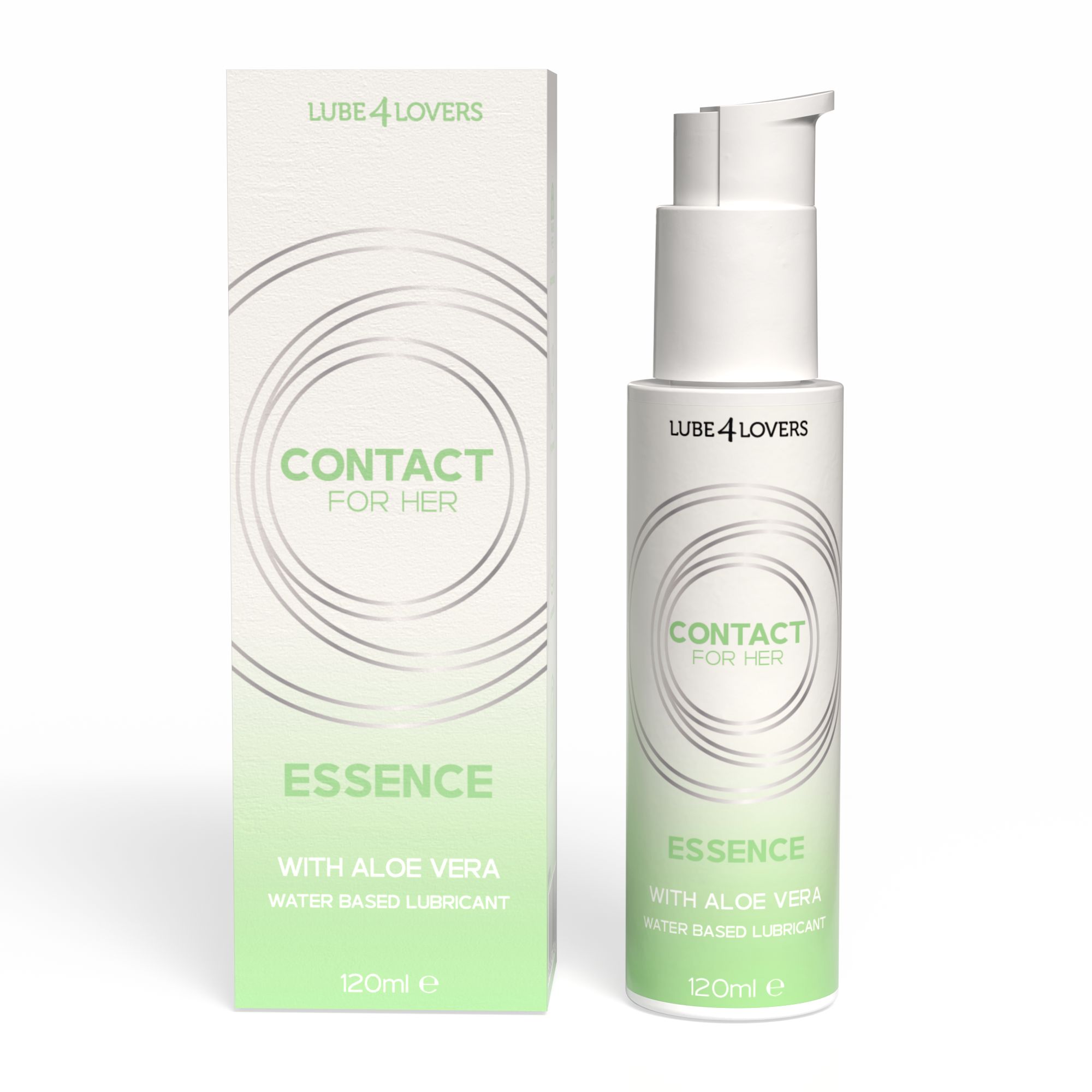 Flacone e scatola con testo. Scritta: Contact for Her Essence, con Aloe Vera, lubrificante a base d'acqua. 120ml.