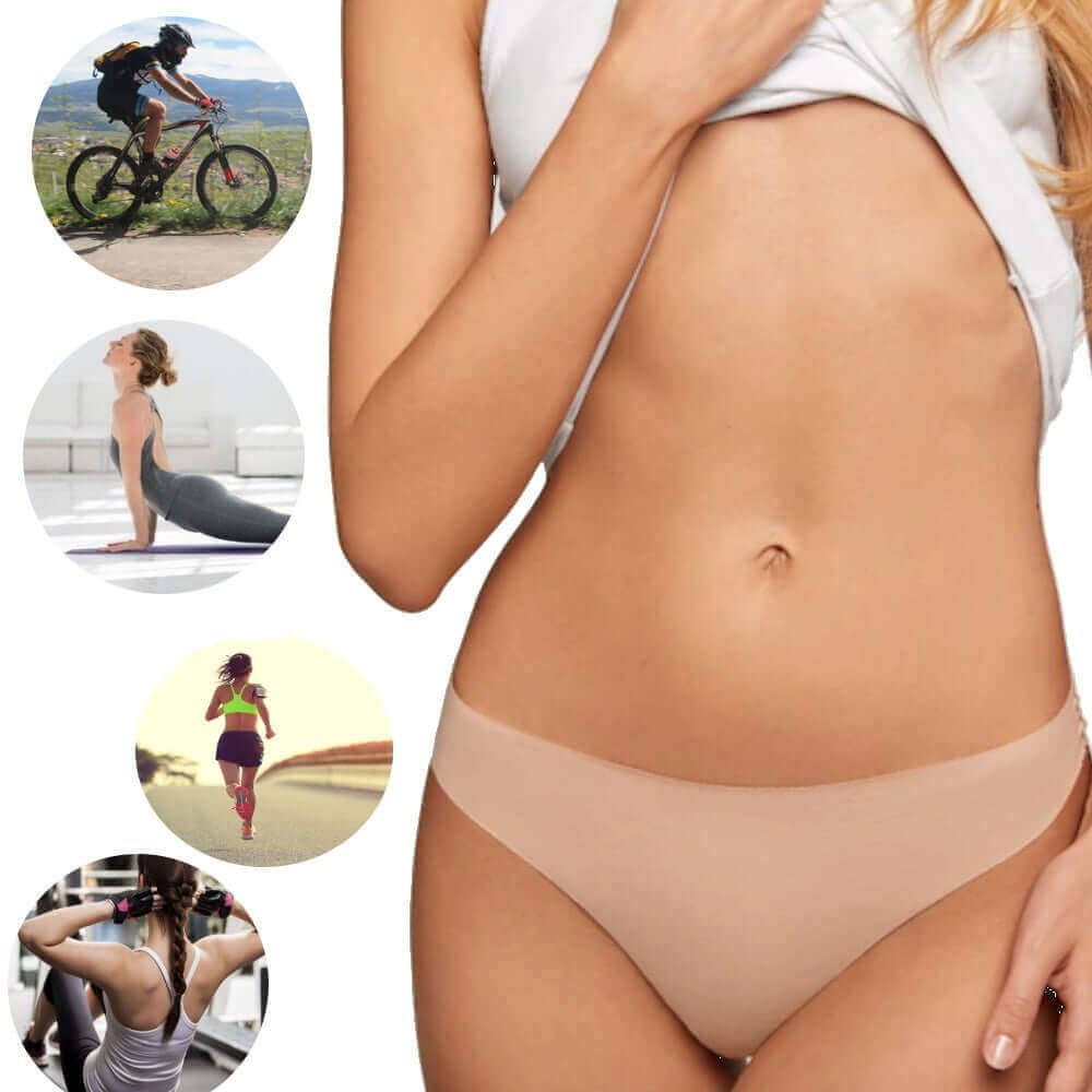 Donna in intimo, accanto a cerchi con sport: ciclismo, yoga, corsa, allenamento pesi.