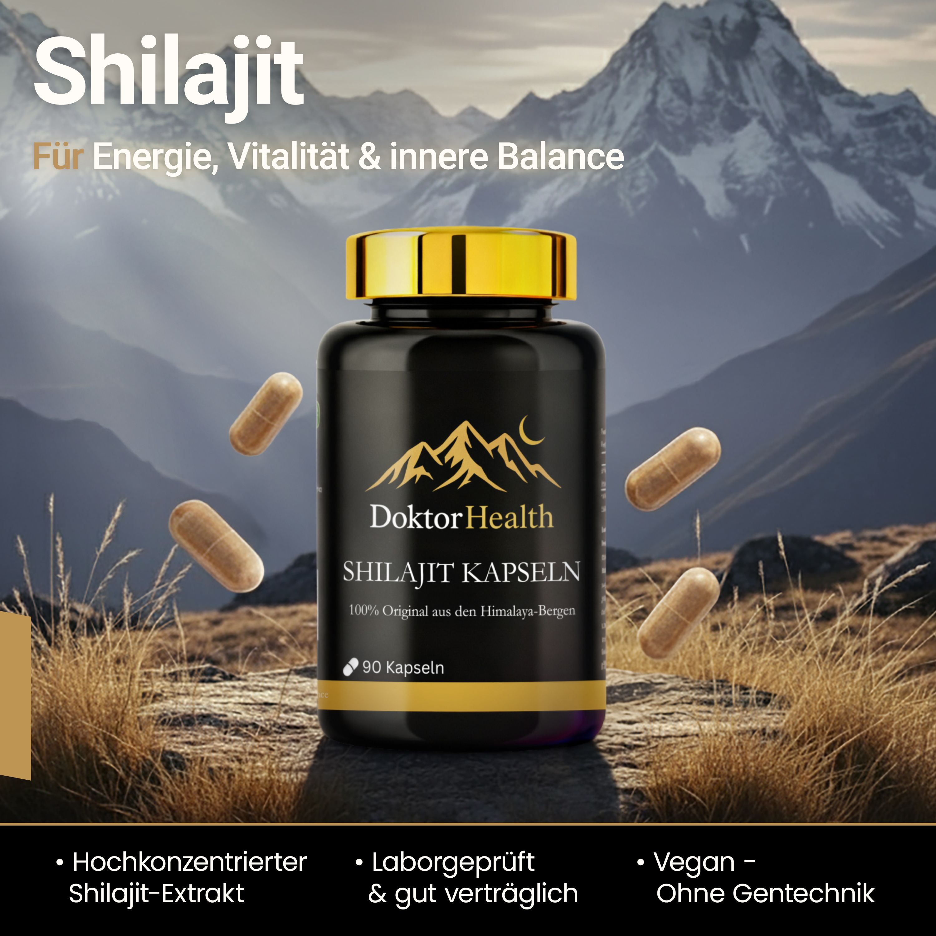 Flacone nero con tappo dorato ed etichetta. Contiene capsule di Shilajit. Montagne sullo sfondo. Testo: Energia, vitalità e equilibrio interiore.