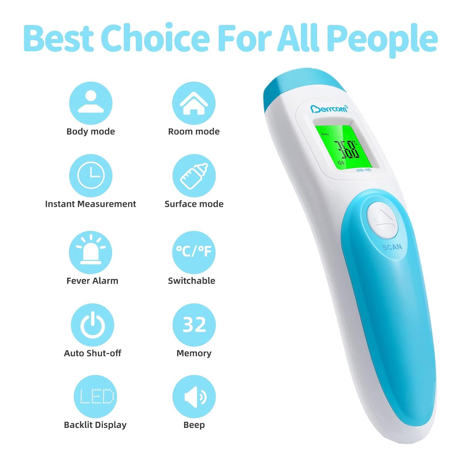 Termometro con icone per modalità e funzioni. Marchio: Berrcom. Bambino sullo sfondo.