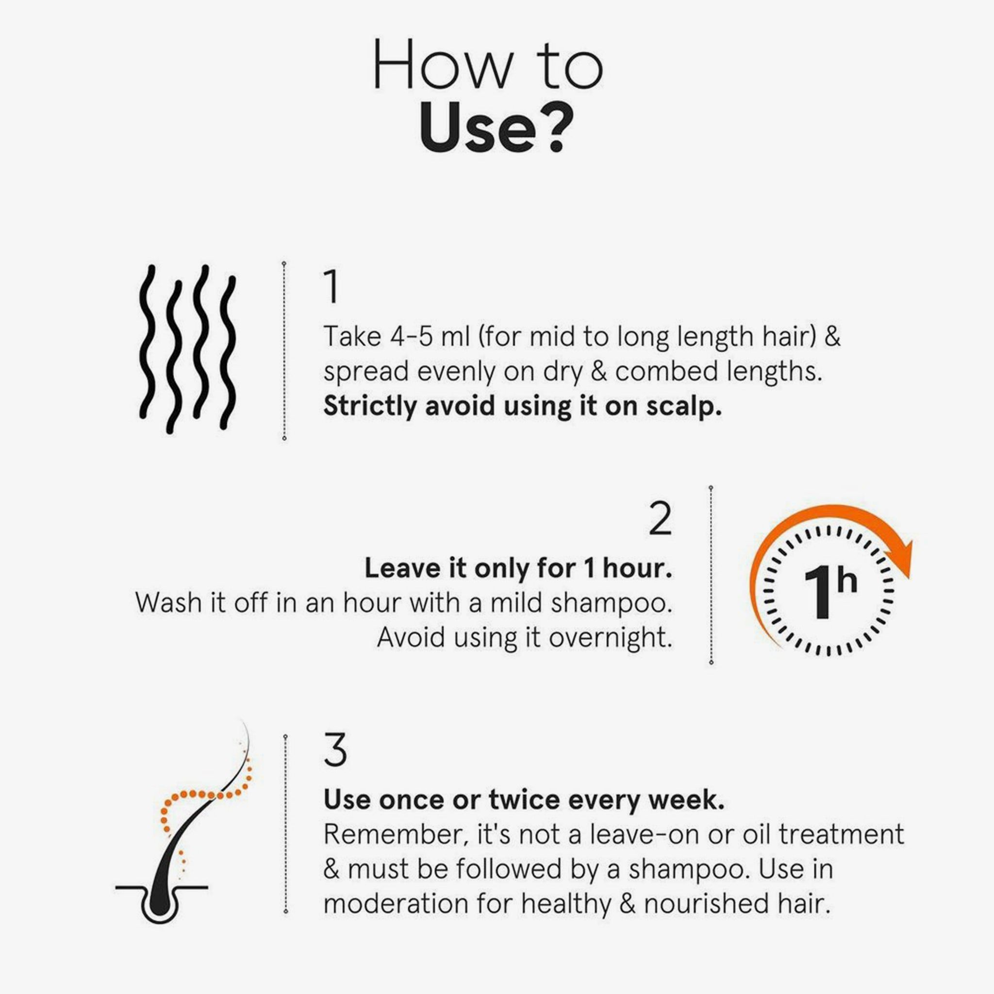 Infografica: Come usare. Applicare 4-5 ml sui capelli asciutti, lasciare agire per 1 ora, risciacquare con uno shampoo delicato, usare 1-2 volte a settimana.