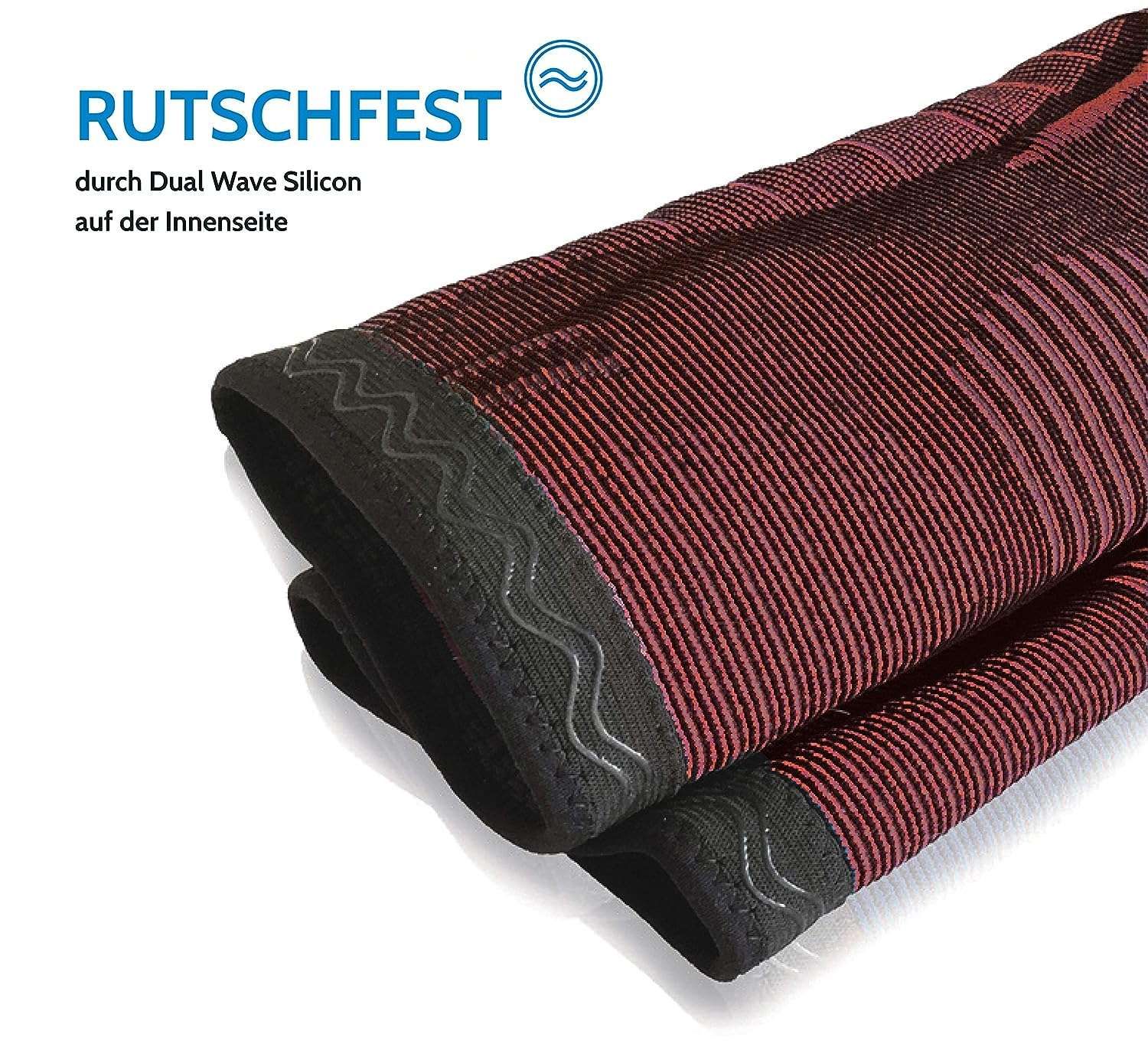 Ginocchiera rosso-nera con silicone. Antiscivolo grazie al silicone Dual Wave all'interno.