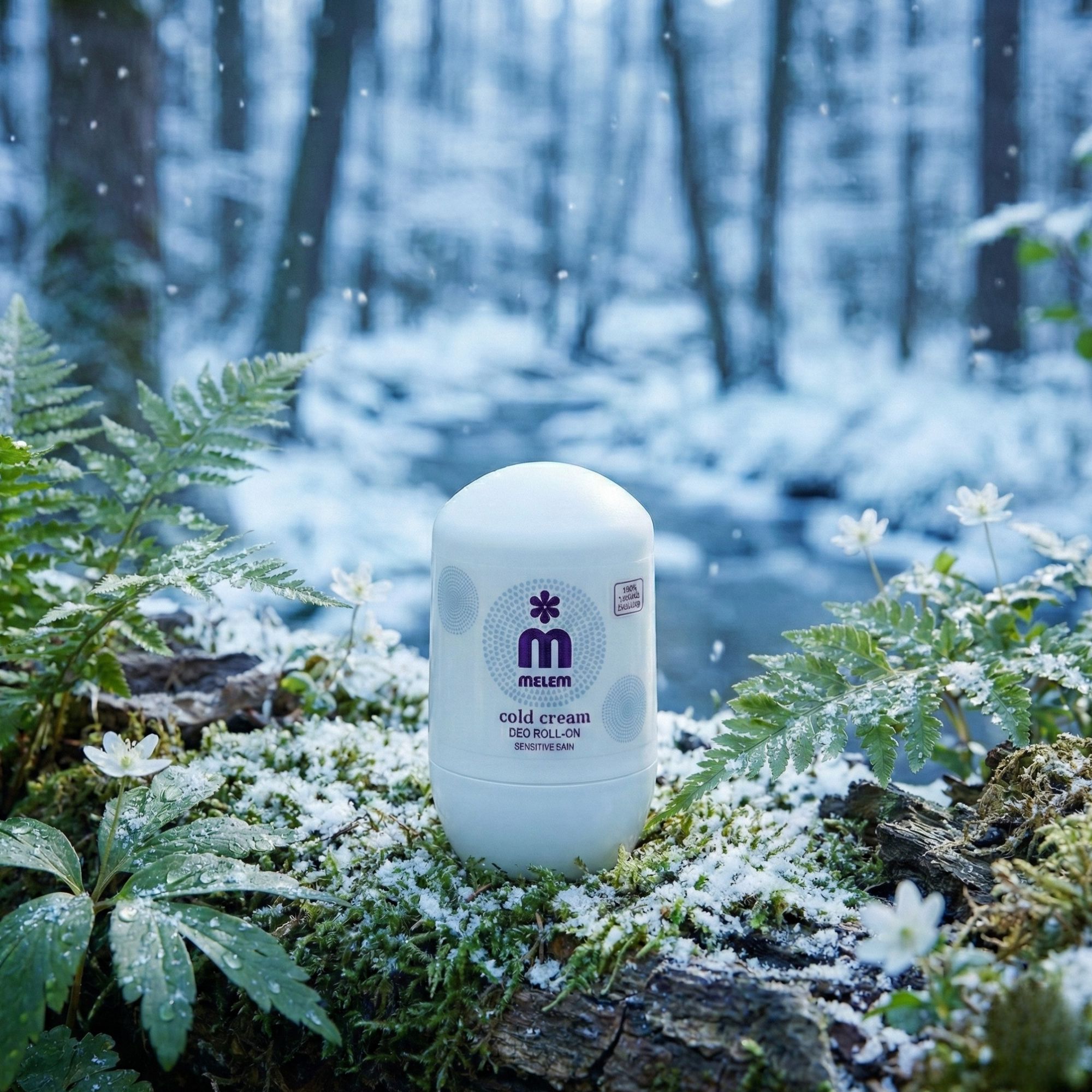 Deodorante roll-on bianco con logo viola. Su muschio in una foresta innevata.