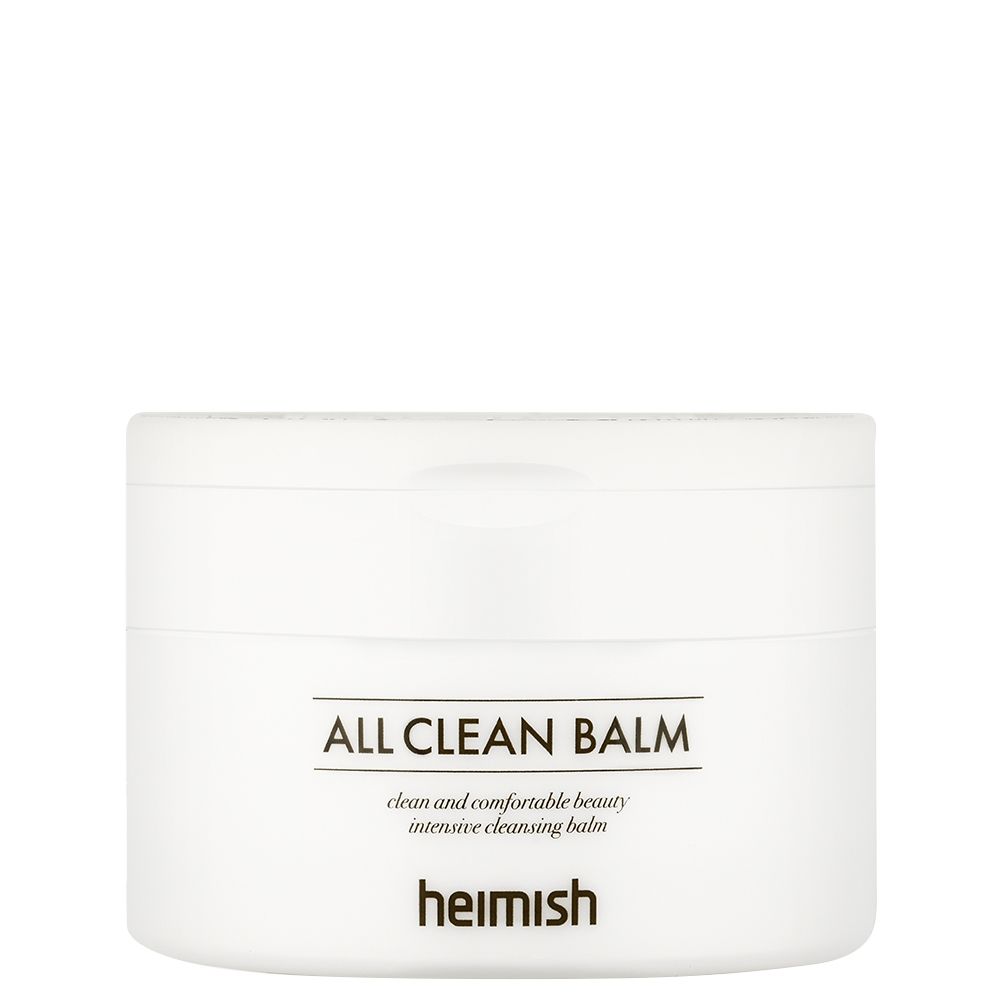 Vasetto bianco con testo nero: ALL CLEAN BALM, sotto Heimish.