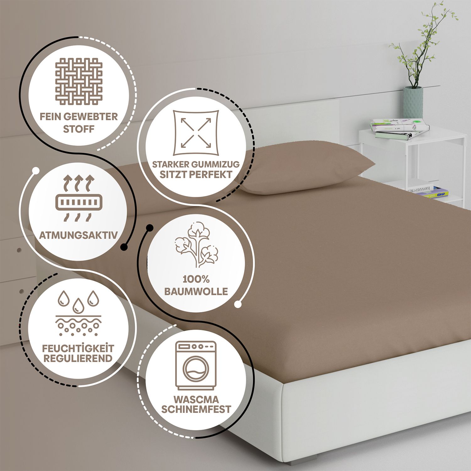 Lenzuolo con angoli marrone su letto. Simboli: tessuto finemente tessuto, elastico resistente, traspirante, 100% cotone, regolazione dell'umidità, lavabile in lavatrice.