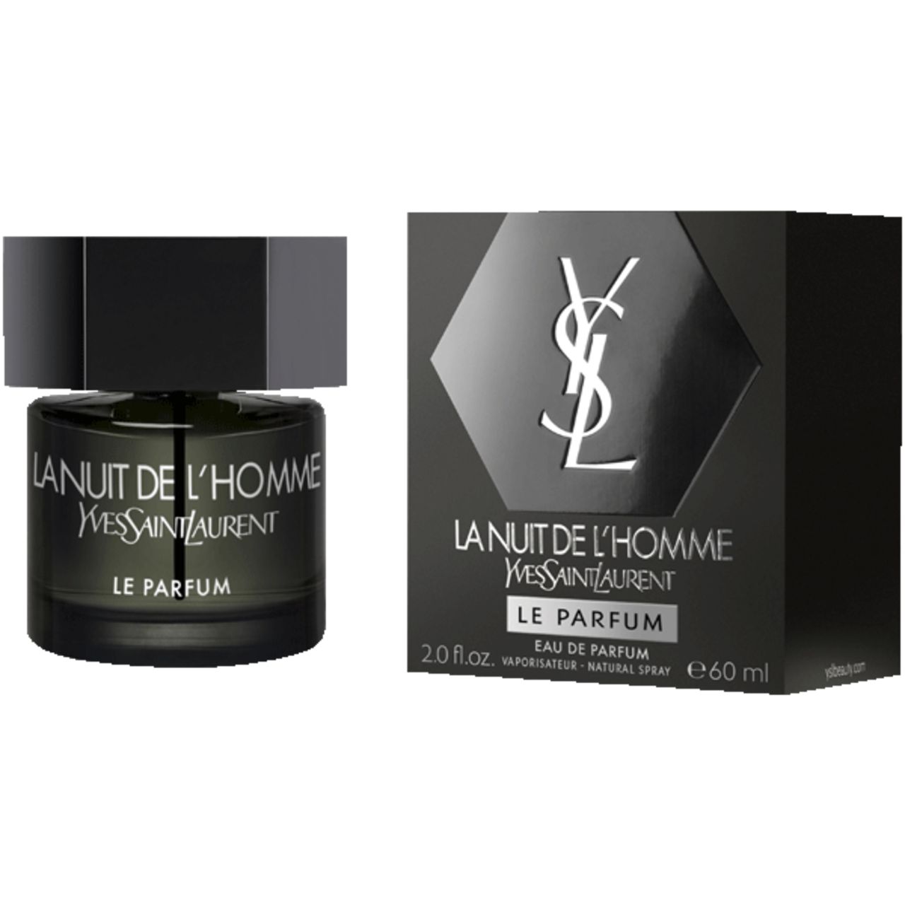 Flacone e confezione neri. Scritta: La Nuit de L'Homme, Yves Saint Laurent, Le Parfum. 60 ml.