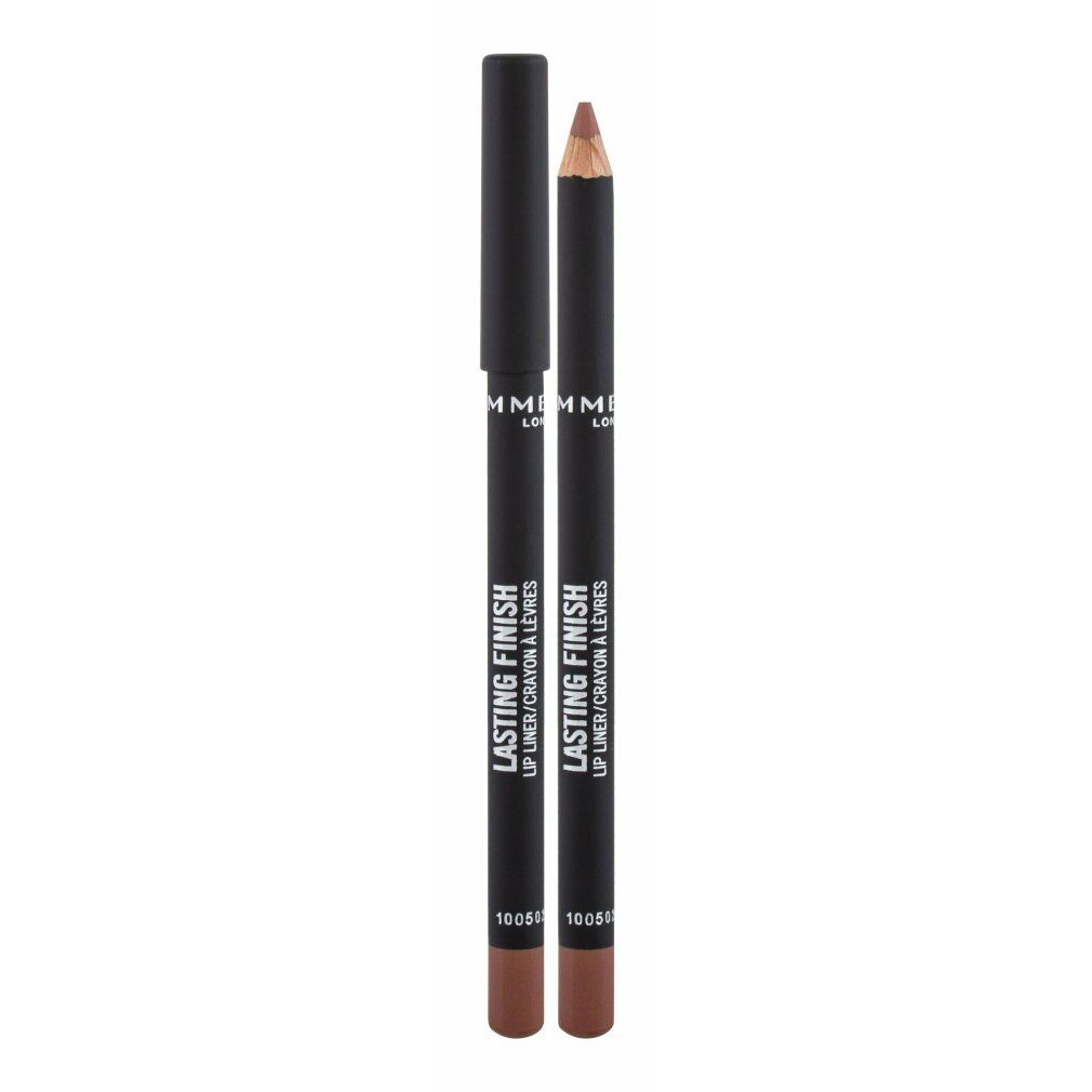 Due matite labbra Rimmel London Lasting Finish. Fusto nero, mina e cappuccio marrone. Testo: Lasting Finish, Lip Liner/Crayon à Lèvres.