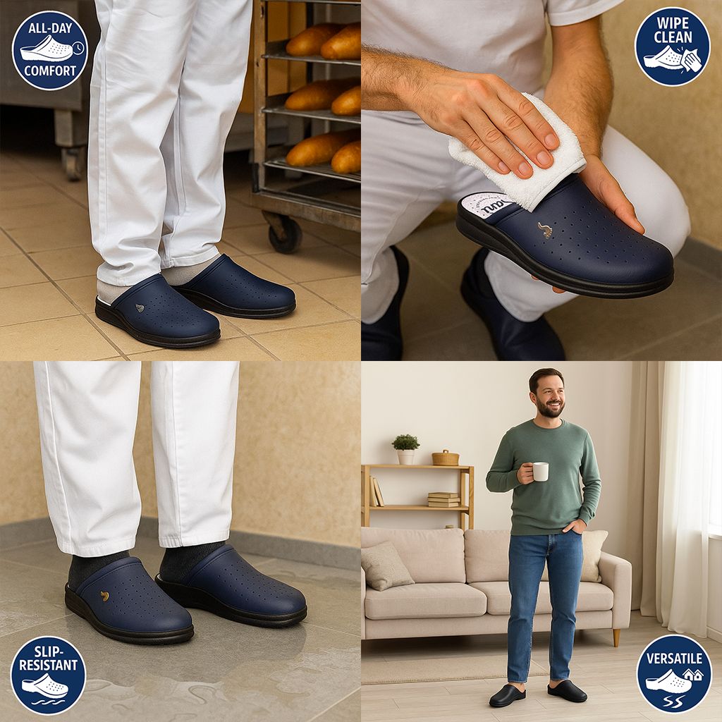Diverse immagini mostrano persone che indossano zoccoli Sanì blu. Scene che mostrano: comfort quotidiano, lavabile, antiscivolo, versatile.
