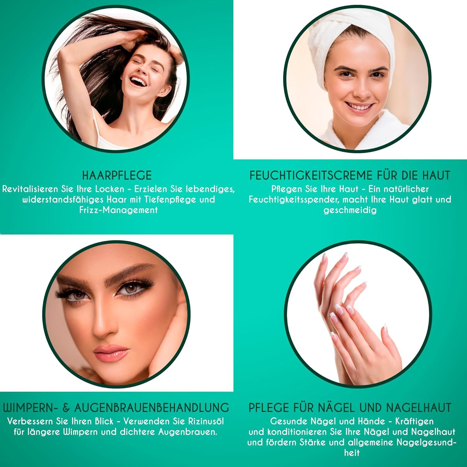 Quattro immagini mostrano: cura dei capelli, crema idratante, trattamento ciglia e sopracciglia, cura delle unghie e cuticole.