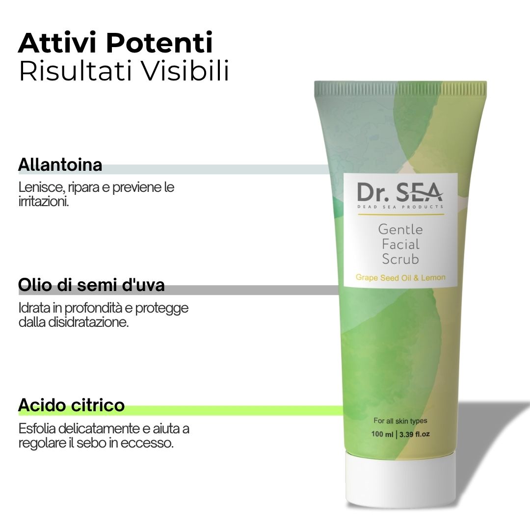 Tubo di scrub viso. Testo: Attivi potenti, risultati visibili. Ingredienti: Allantoina, olio di semi d'uva, acido citrico.