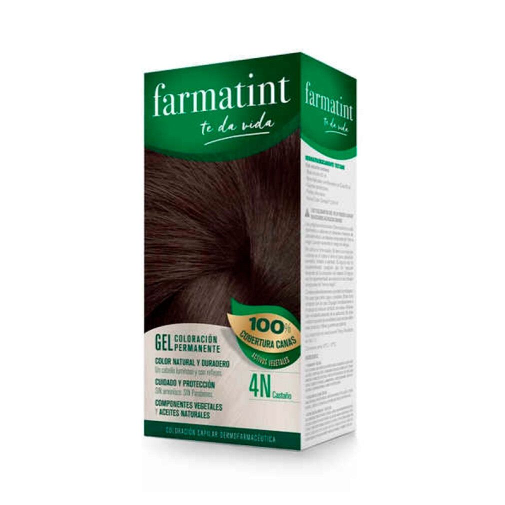 Scatola Farmatint. Tinta permanente 4N, marrone. Copertura 100% capelli bianchi. Formula gel. Ingredienti naturali.