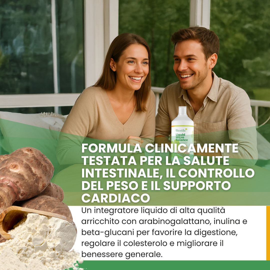Una coppia sorride. Visibile una bottiglia di Biostile Liquid Micro Balance. Testo sulla salute intestinale.