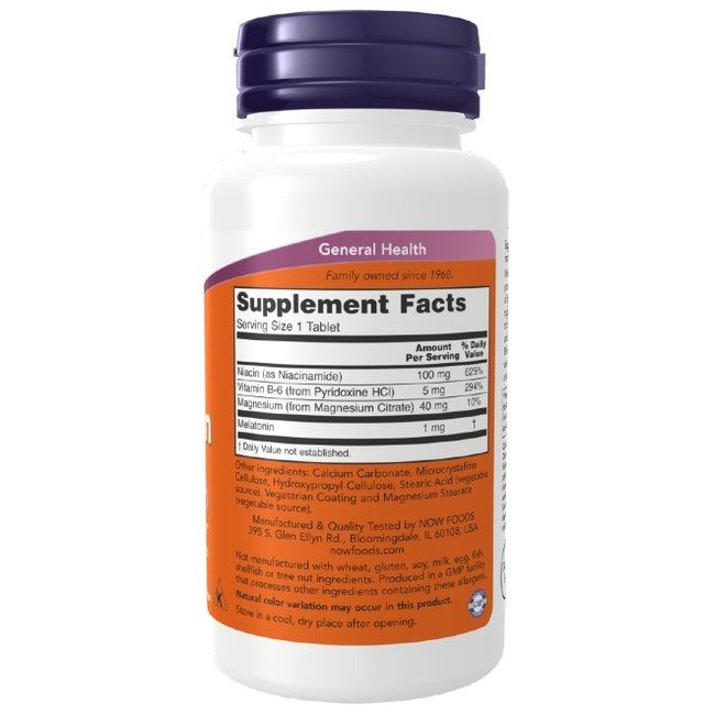 Retro del flacone Now Foods Melatonin 1 mg con informazioni nutrizionali e ingredienti.