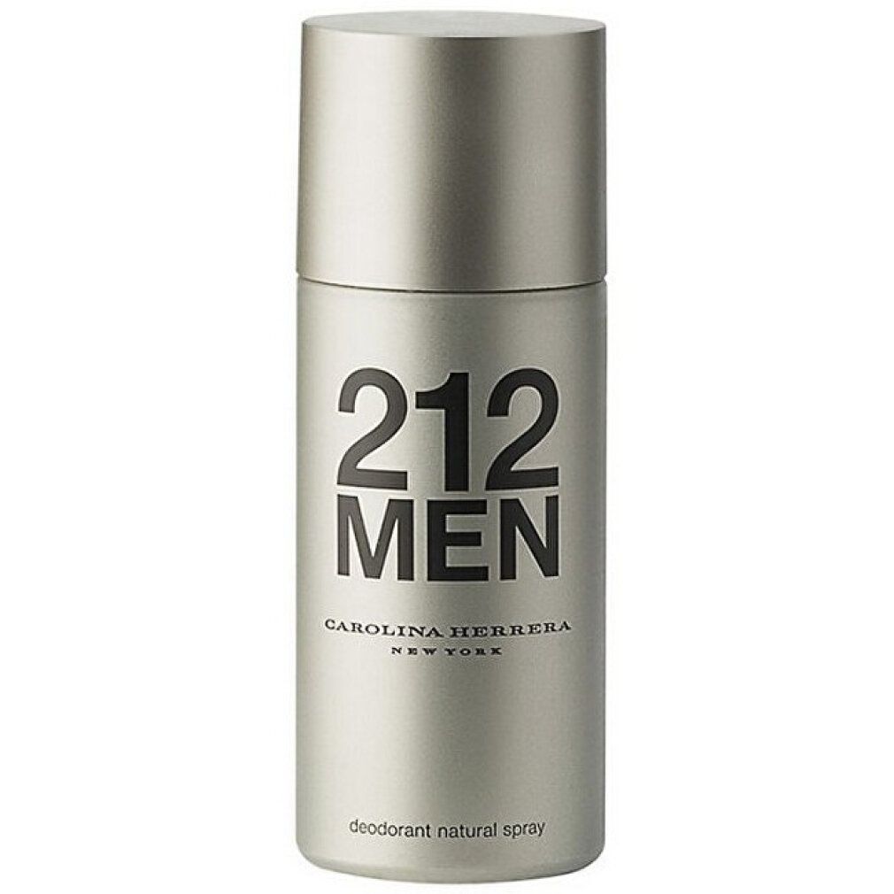 Spray deodorante argentato con scritta nera 212 MEN NYC. Marchio Carolina Herrera. Deodorant Natural Spray.