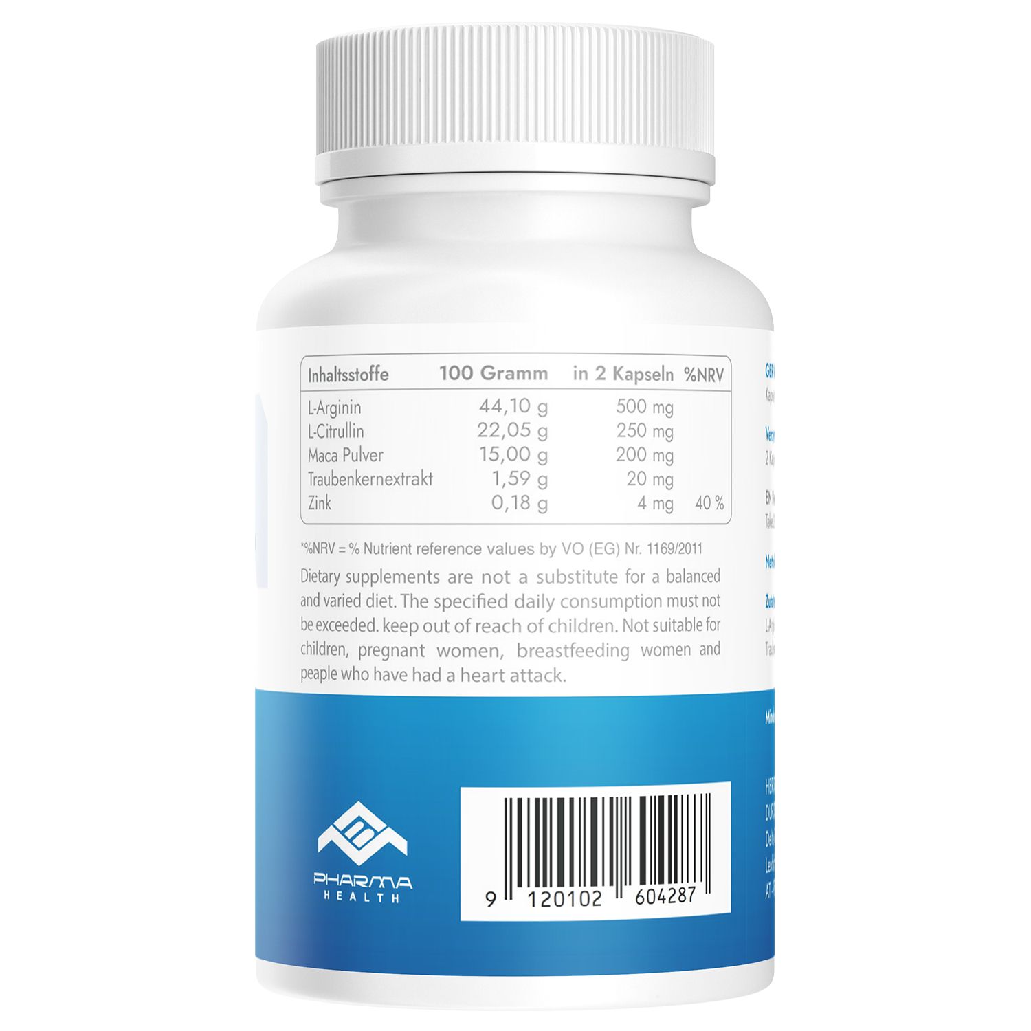 Retro del flacone. Ingredienti, informazioni nutrizionali, informazioni del produttore. Logo Pharma Health. Testo in tedesco.