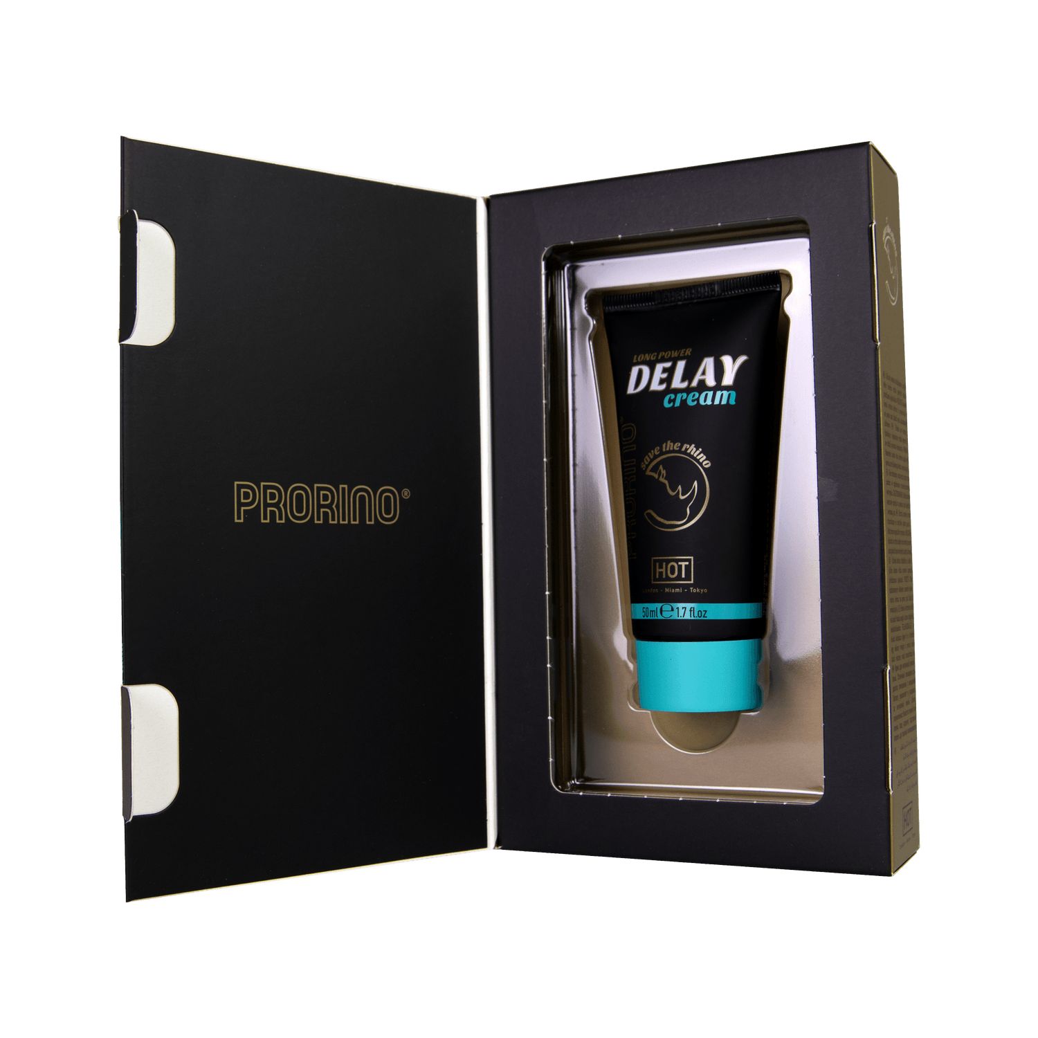 Confezione nera con prodotto. Tubo in un incavo. Nome e logo del prodotto visibili. Scritta: DELAY cream.