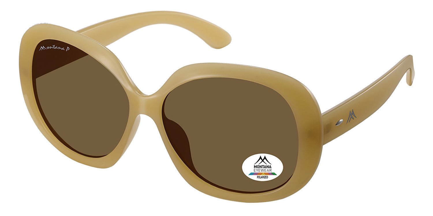 Occhiali da sole con lenti marroni e montatura beige. Un adesivo con il logo Montana Eyewear è visibile sulla lente. La montatura riporta la scritta Montana P.