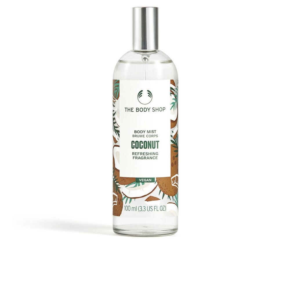 Flacone di nebbia per il corpo con vaporizzatore argentato. Scritta "Coconut". Decorazione cocco. Marchio: The Body Shop. Vegan.