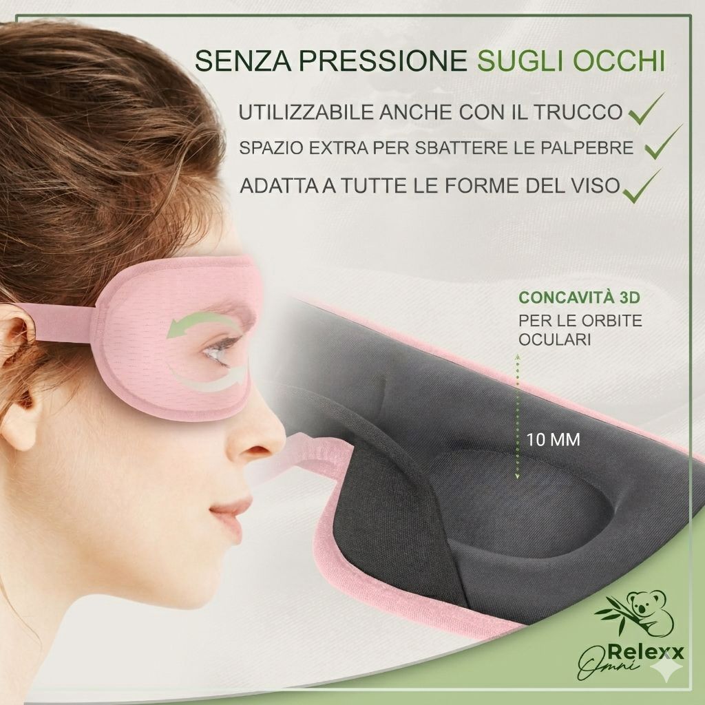 Donna con maschera per dormire rosa. Testo: Senza pressione sugli occhi, per tutte le forme del viso, anche con trucco. Marchio OmniRelexx.