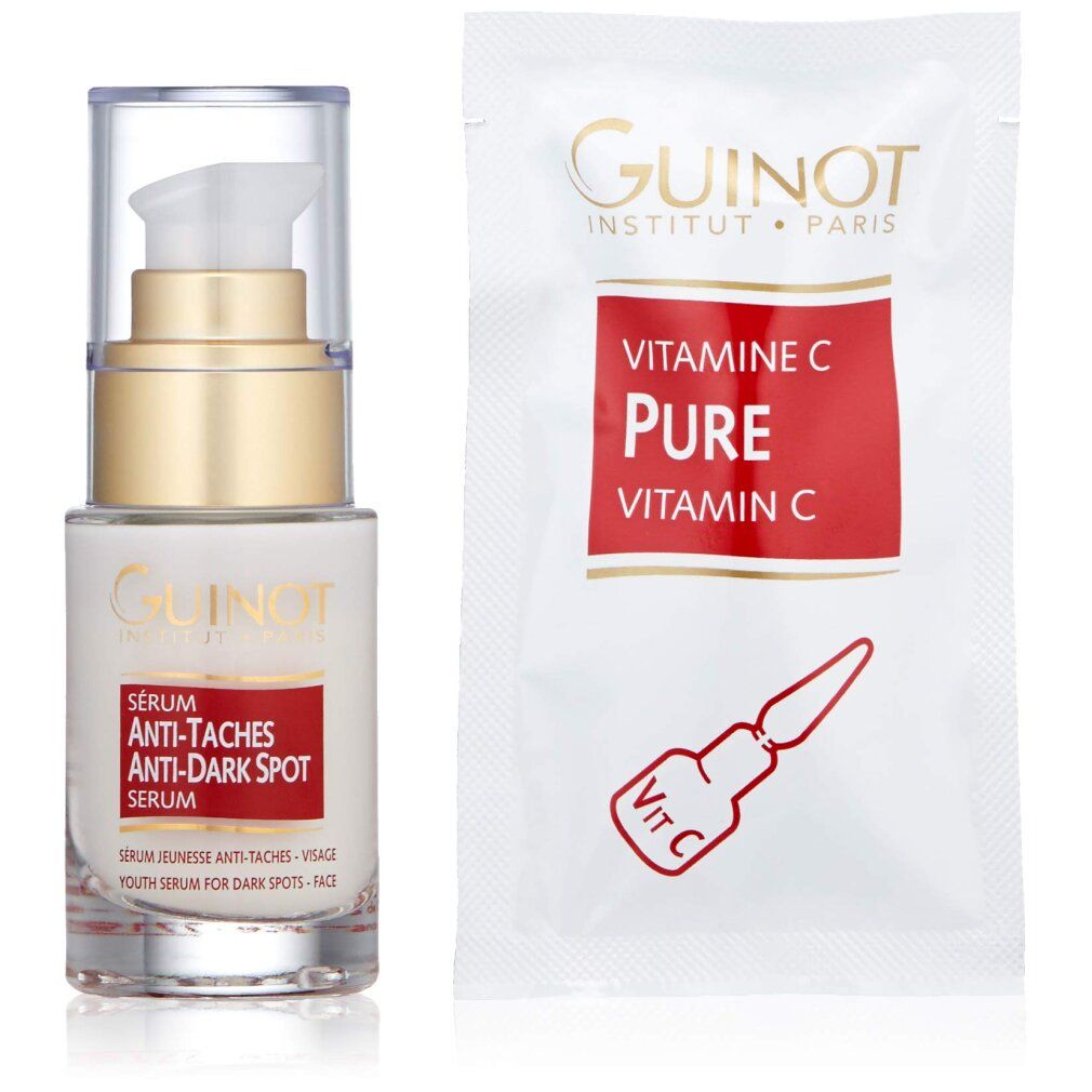 Siero Guinot Anti-Macchie e fiala Vitamina C in confezione singola. Scritta dorata.
