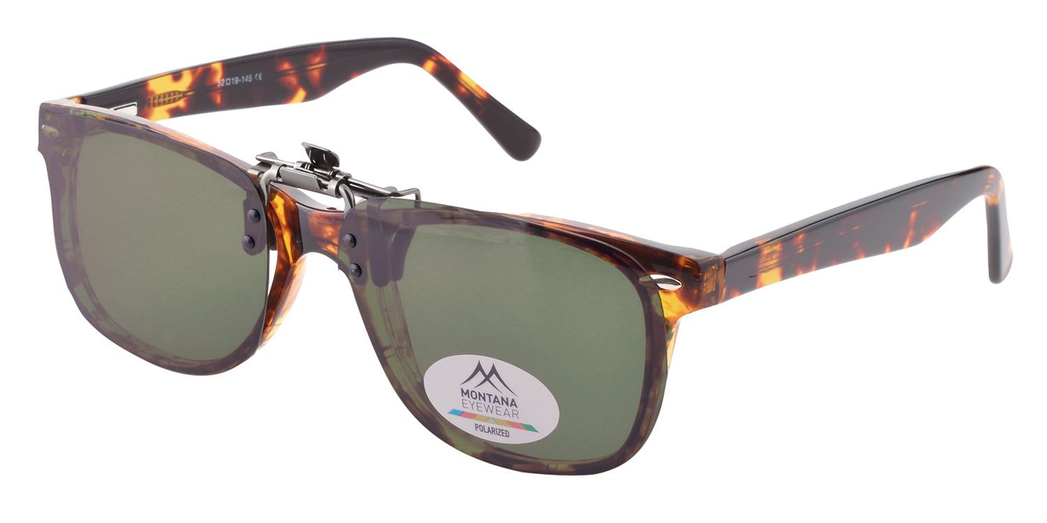 Occhiali da sole con clip-on. Montatura tartarugata. Logo "MONTANA EYEWEAR POLARIZED".