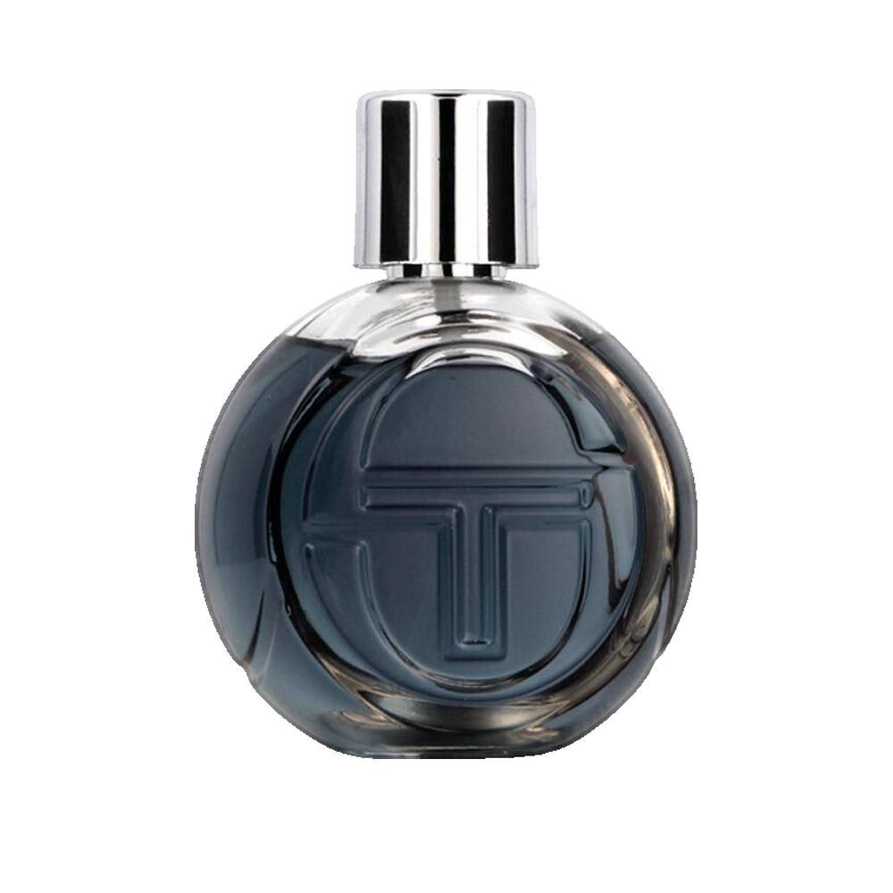 Flacone rotondo Sergio Tacchini Smash. Vetro blu, tappo argentato. Logo sul flacone.