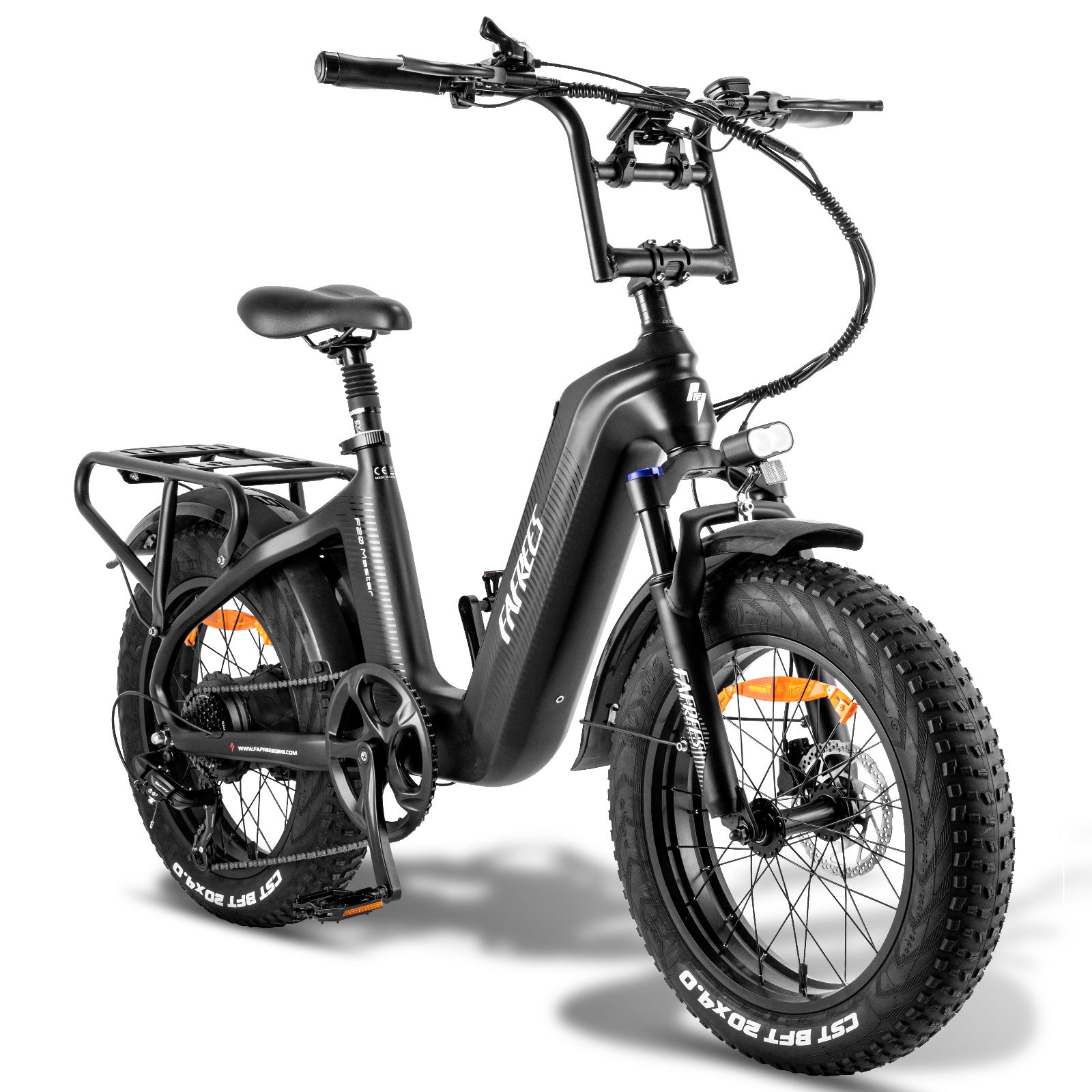 E-bike nera con pneumatici larghi, portapacchi e logo FAFREES. Vista frontale.