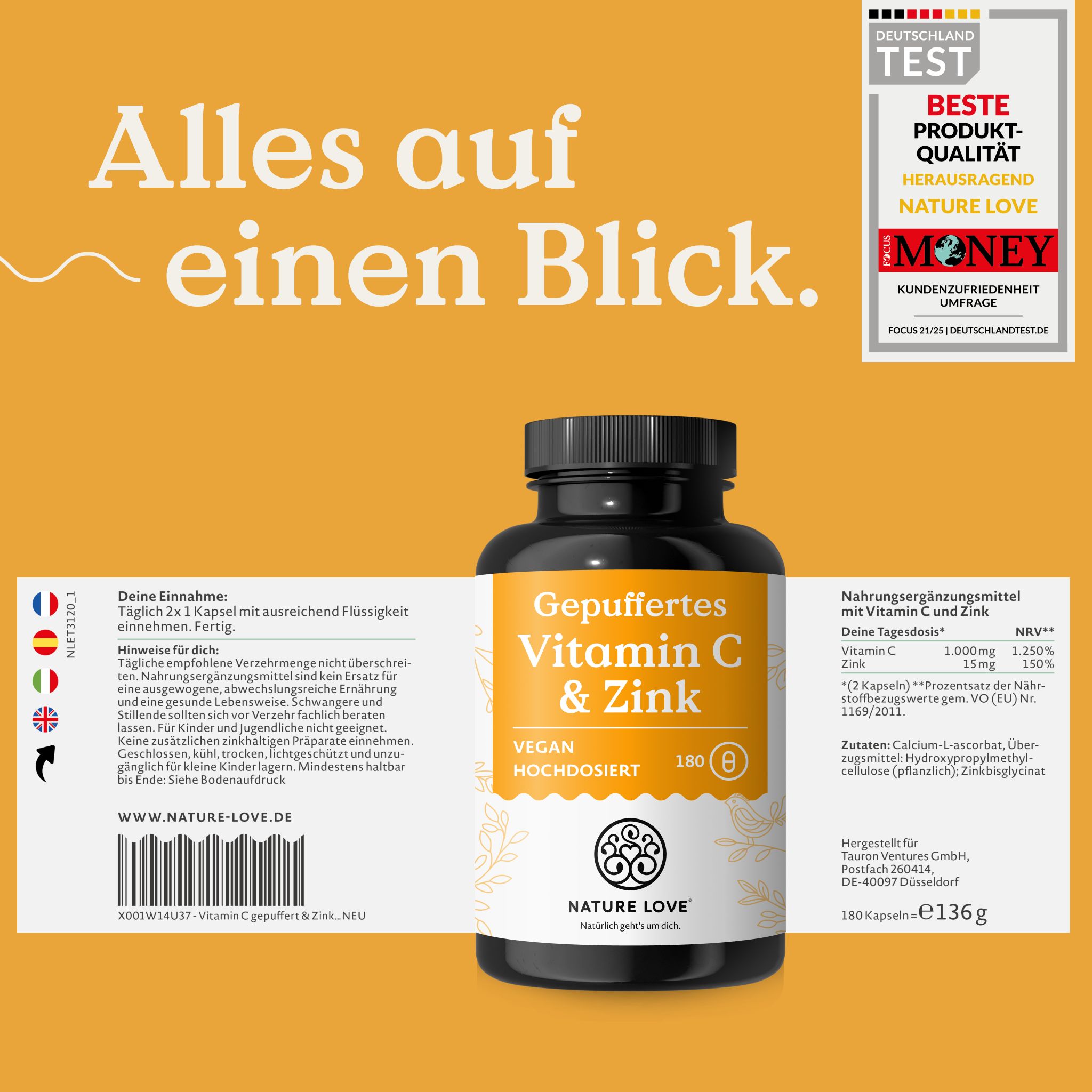 Flacone di vitamina C tamponata e zinco, vegano, ad alto dosaggio, 180 capsule. Informazioni nutrizionali e sigillo "Deutschland Test".