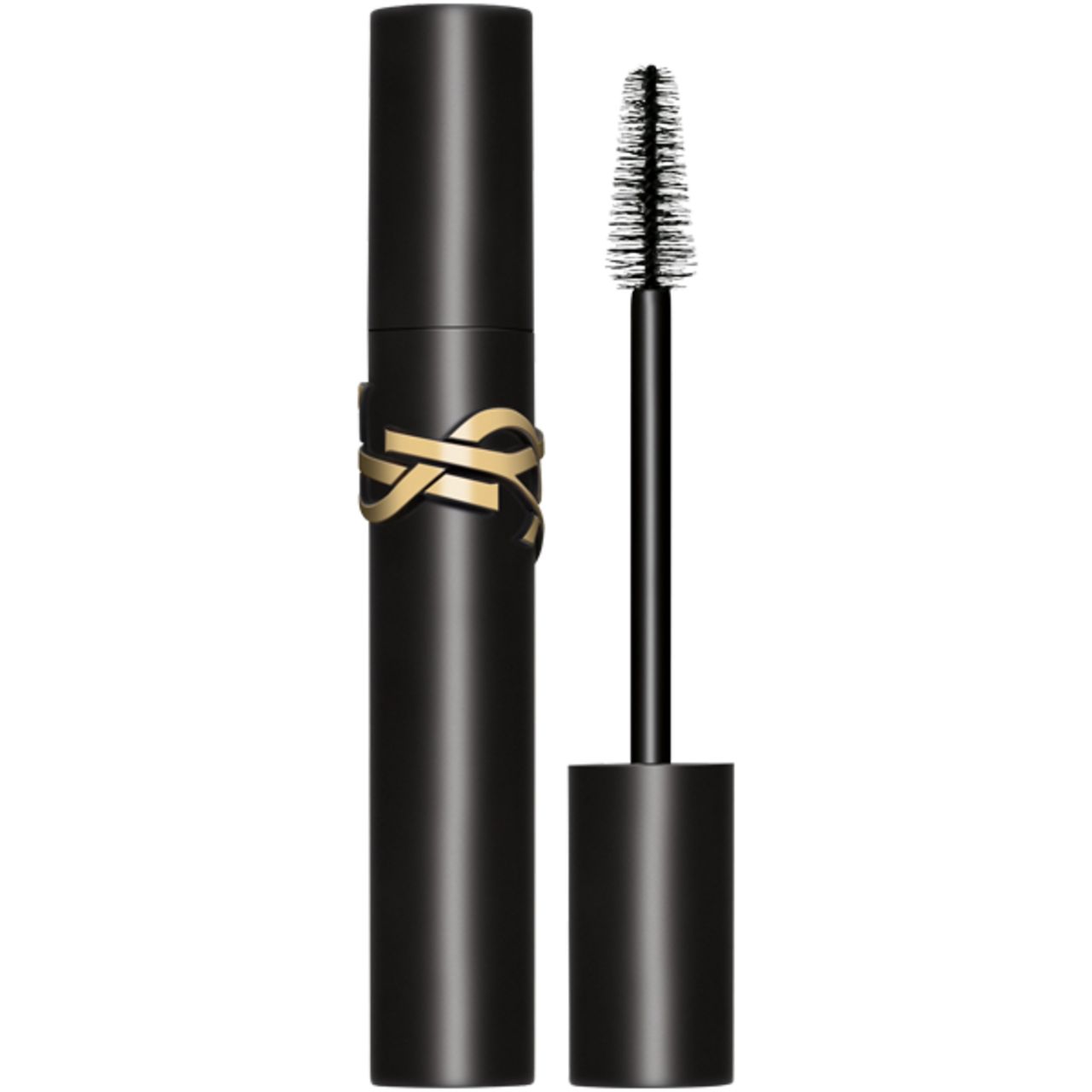 Tubetto mascara nero con logo dorato. Spazzola con setole nere. Tappo rimosso.
