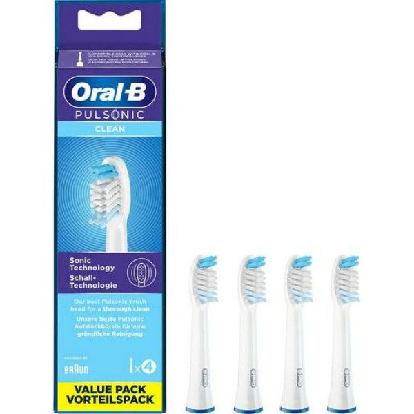 Confezione di testine Oral-B Pulsonic Clean. Contiene 4 testine. Setole blu e bianche. Confezione risparmio.