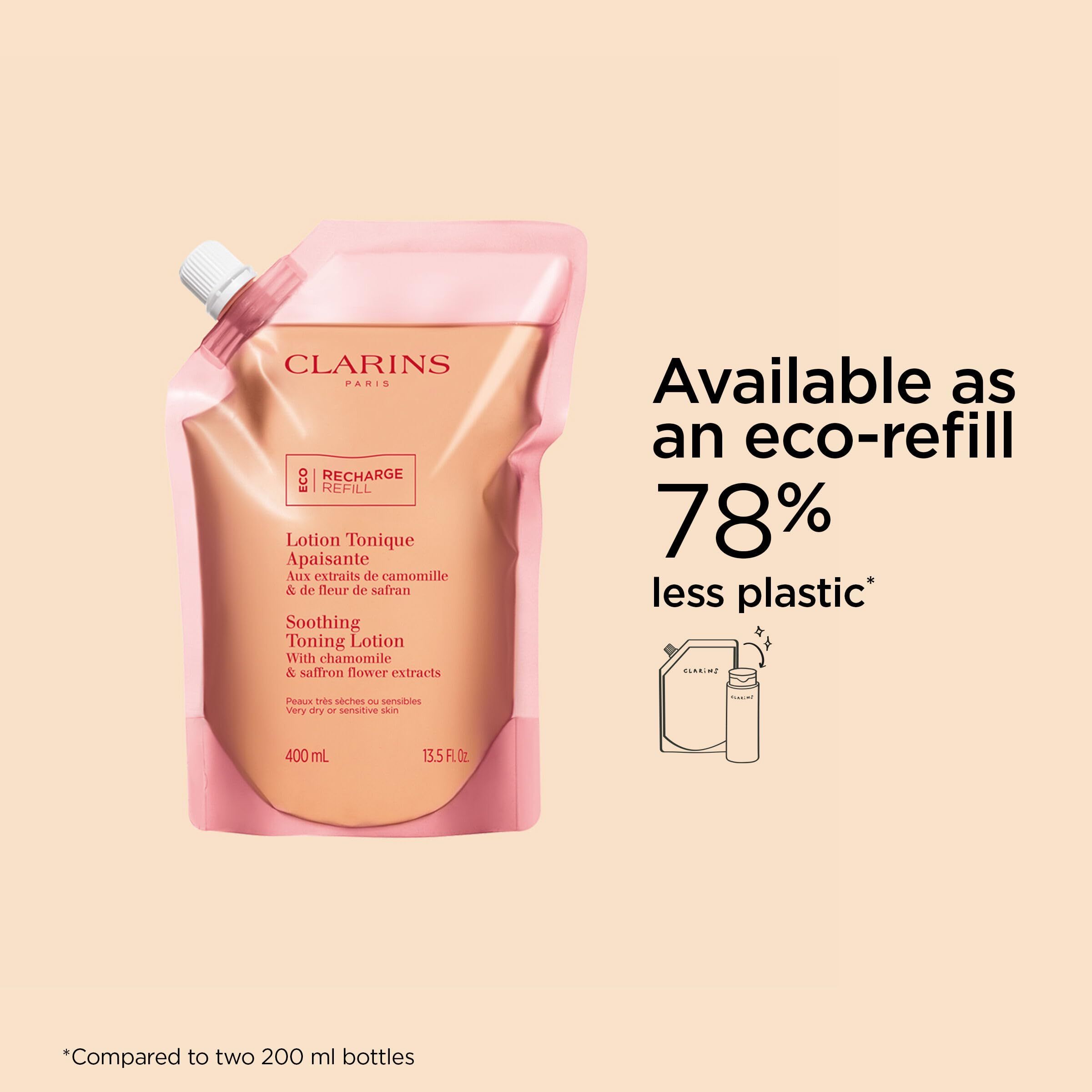 Ricarica Clarins Tonico Lenitivo Fortificante. Sacchetto rosa con beccuccio bianco. Testo: Lotion Tonique Apaisante, Soothing Toning Lotion.