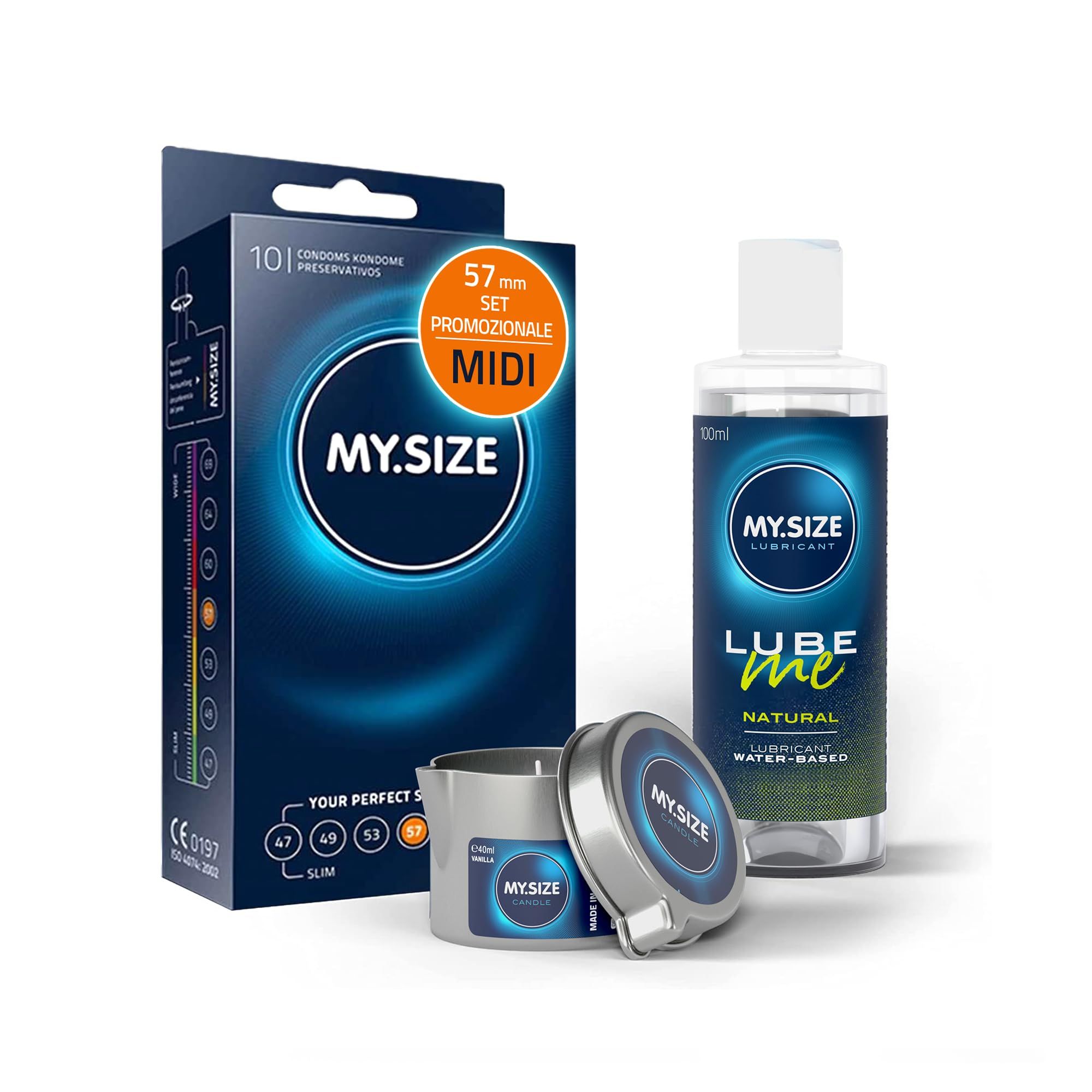 MY.SIZE PRO Preservativi + LUBE ME Natural + Body Candle Set