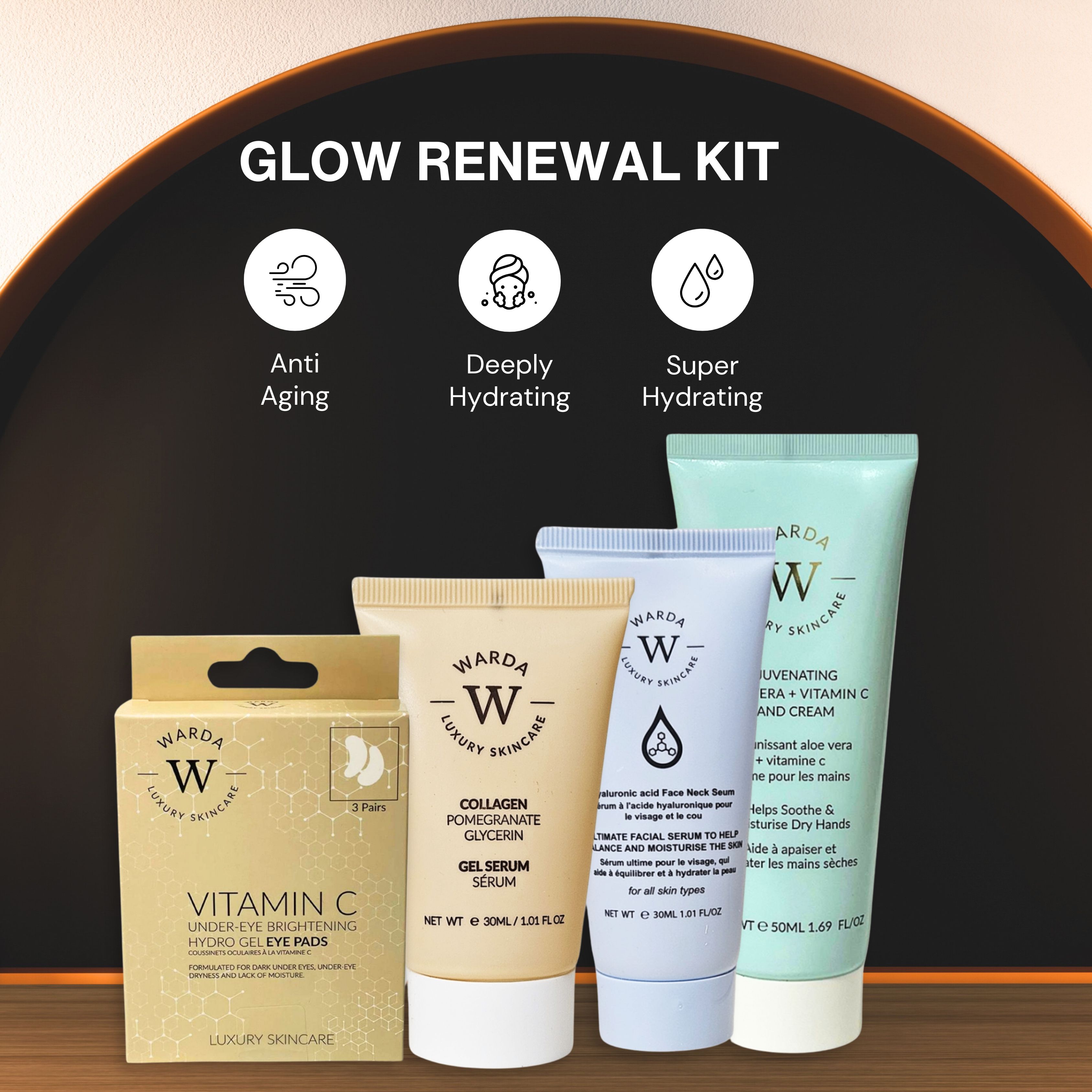 Kit di cura Warda con patch occhi, siero e crema. Sfondo nero con icone e nomi dei prodotti.