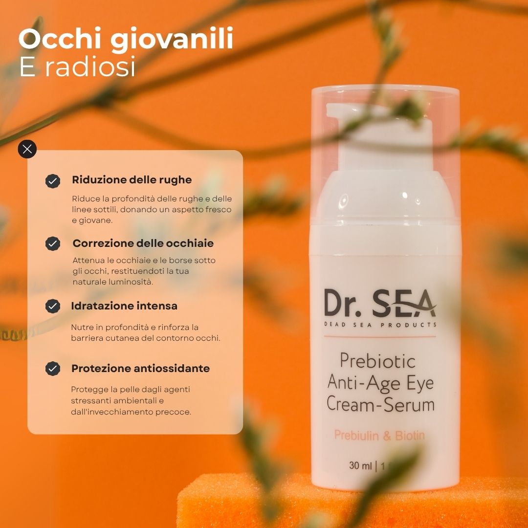 Flacone bianco Dr. SEA, siero occhi anti-età. Prebiotici e biotina. Su sfondo arancione.