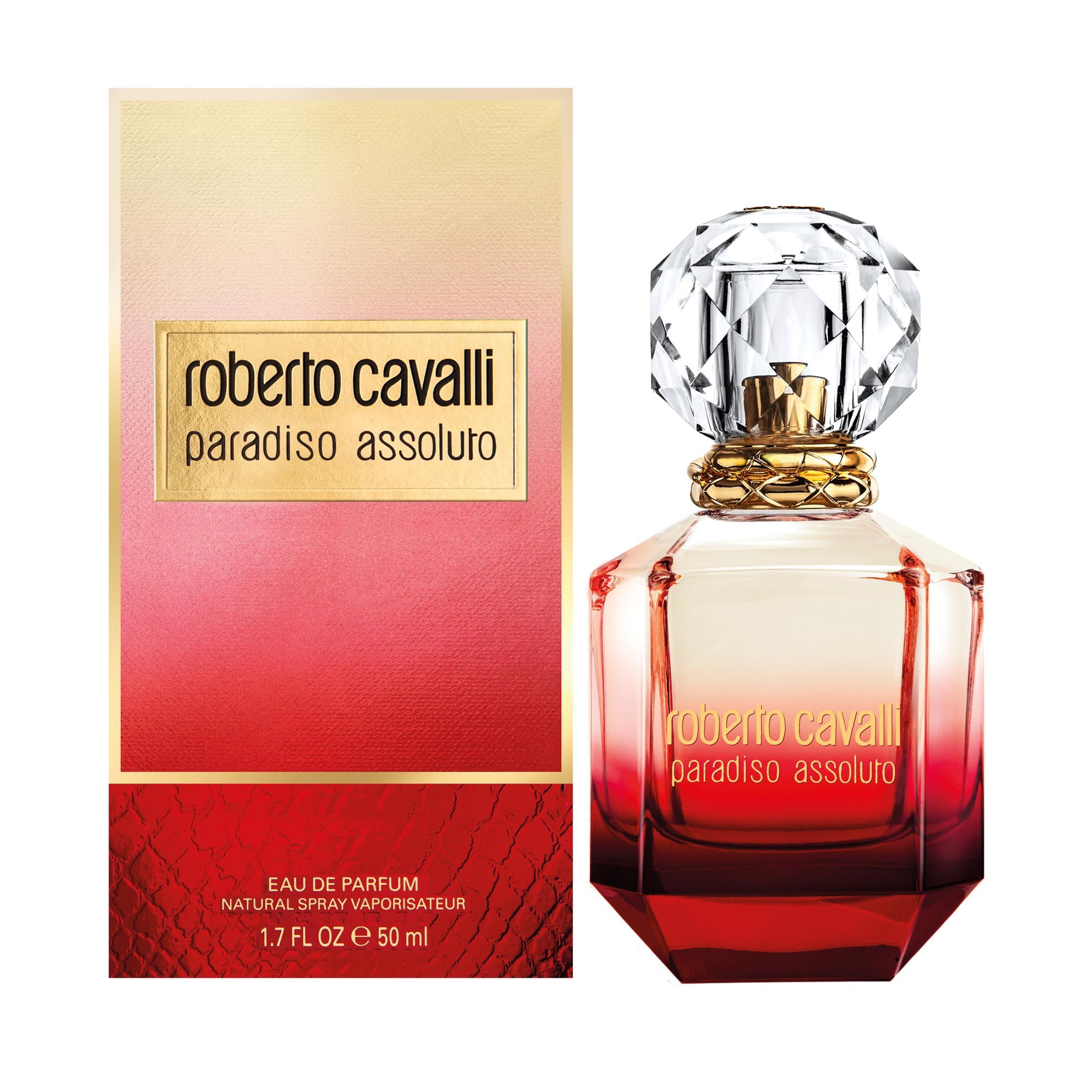 Flacone di profumo e confezione. Flacone con tappo sfaccettato. Confezione con sfumatura dal rosso al bianco. Testo: Roberto Cavalli Paradiso Assoluto.