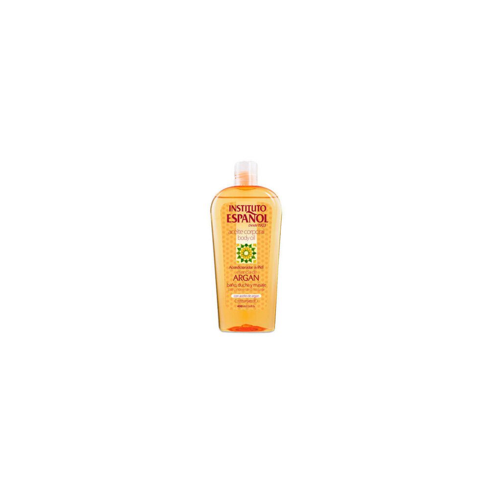 Olio di Argan Anfora. Bottiglia di olio giallo. Scritta Instituto Español, olio di Argan, per bagno, doccia e massaggio.