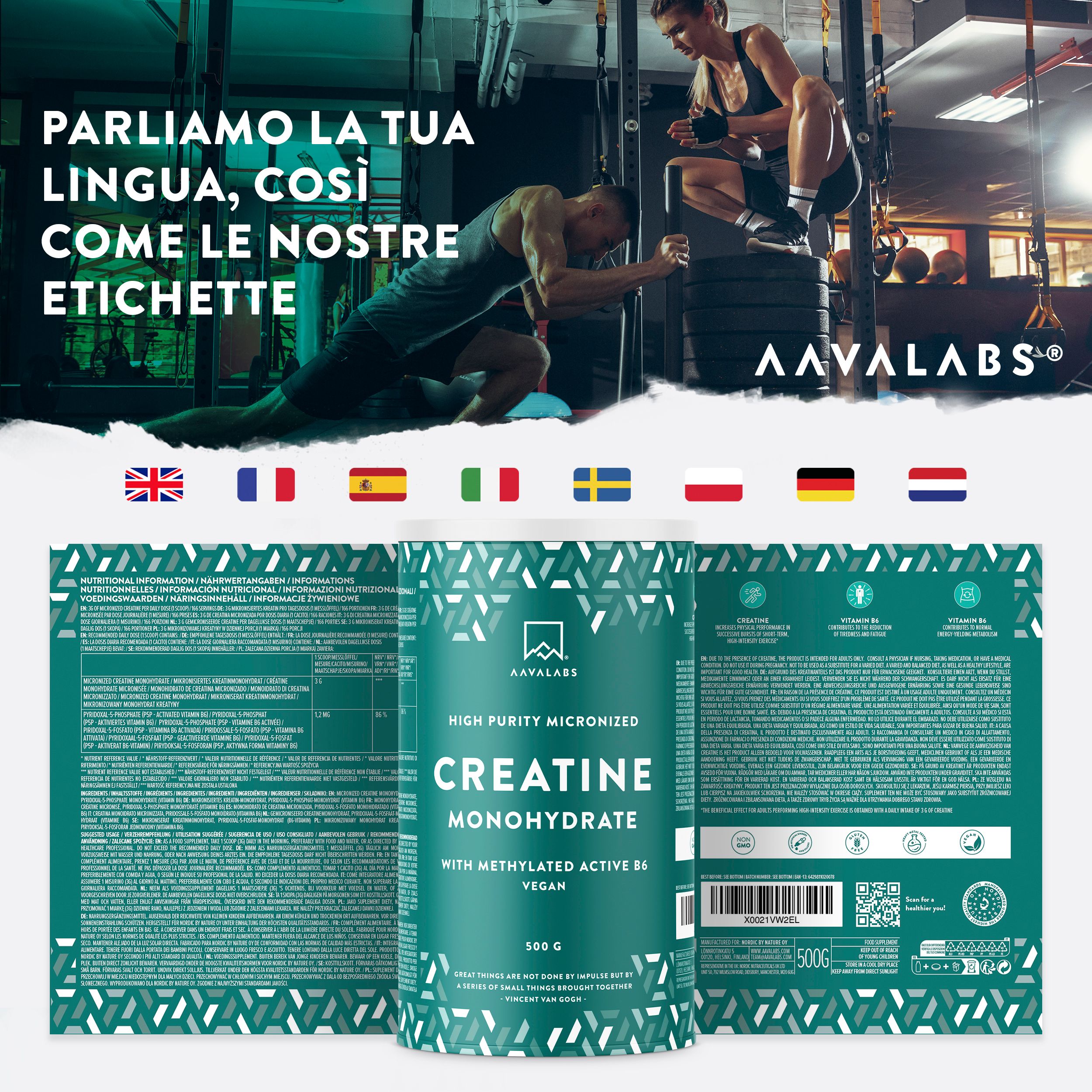 Barattolo di creatina monoidrato. Bandiere: Regno Unito, Spagna, Italia, Svezia, Polonia, Germania, Paesi Bassi.
