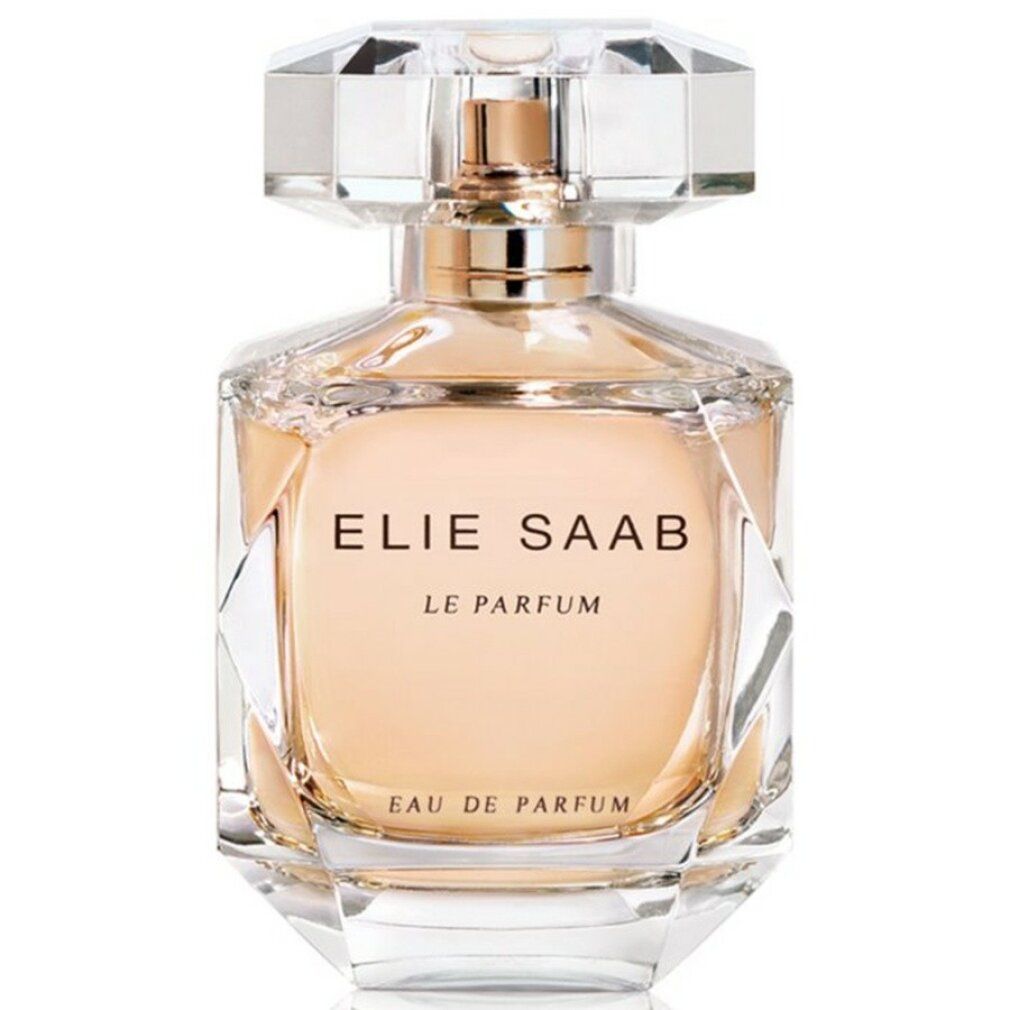 Flacone Elie Saab Le Parfum EDP. Flacone in vetro trasparente con tappo dorato. Scritta: Elie Saab Le Parfum Eau de Parfum.