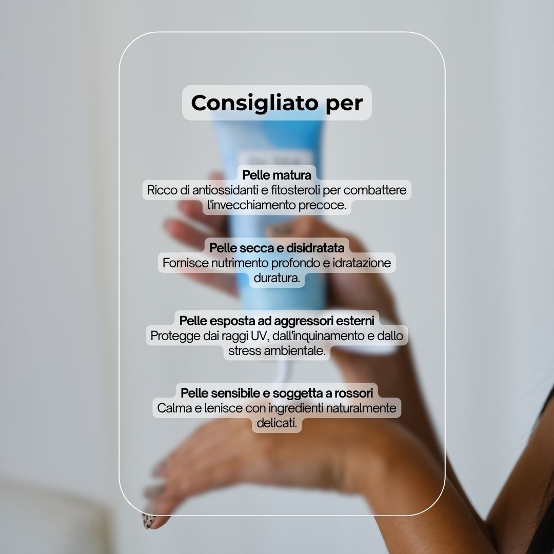 Testo su sfondo trasparente. Consigliato per: pelli mature, secche, stressate dall'ambiente e sensibili.