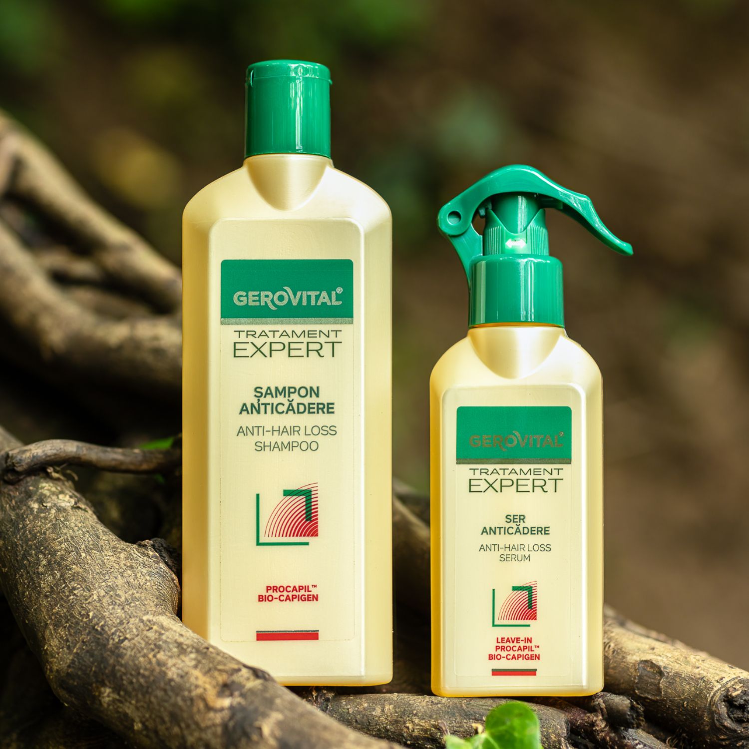 Due prodotti Gerovital: Shampoo e siero anticaduta. Flaconi beige, tappi verdi. Testo: Tratament Expert.