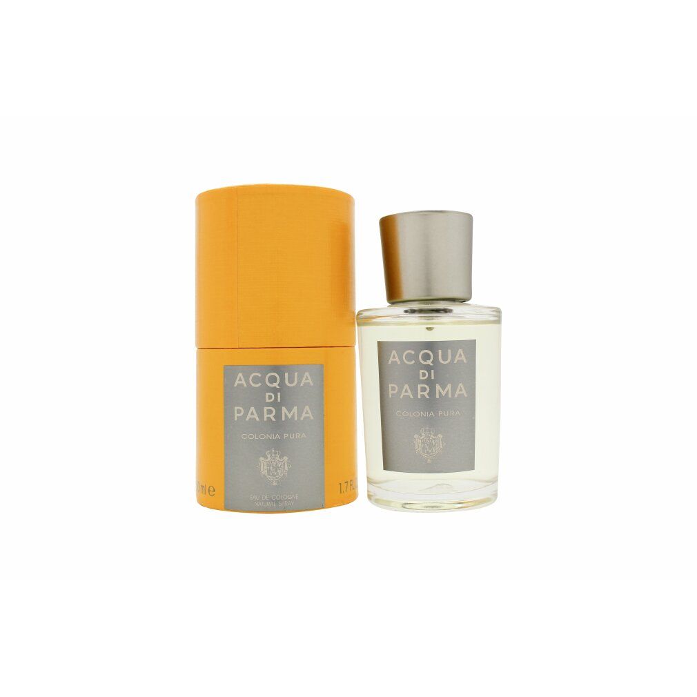 Prodotto e confezione affiancati. Flacone con tappo argentato e confezione gialla. Scritta: ACQUA DI PARMA, COLONIA PURA.