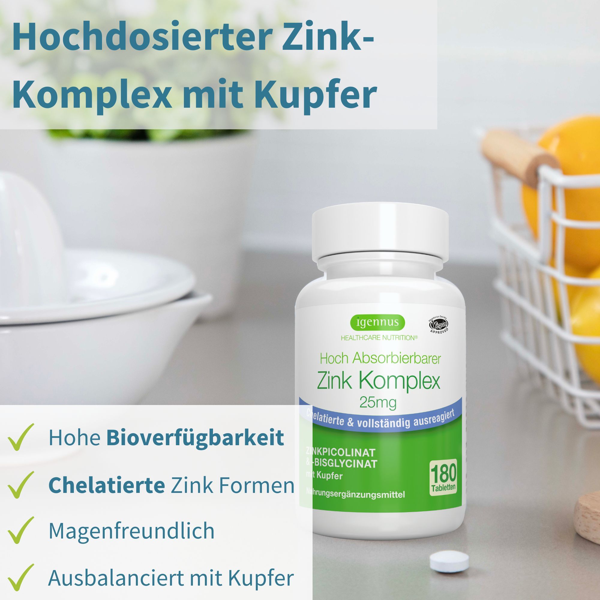 Flacone Igennus Zinco Complesso da 180 compresse, alta biodisponibilità, forme di zinco chelato, delicato sullo stomaco, con rame.