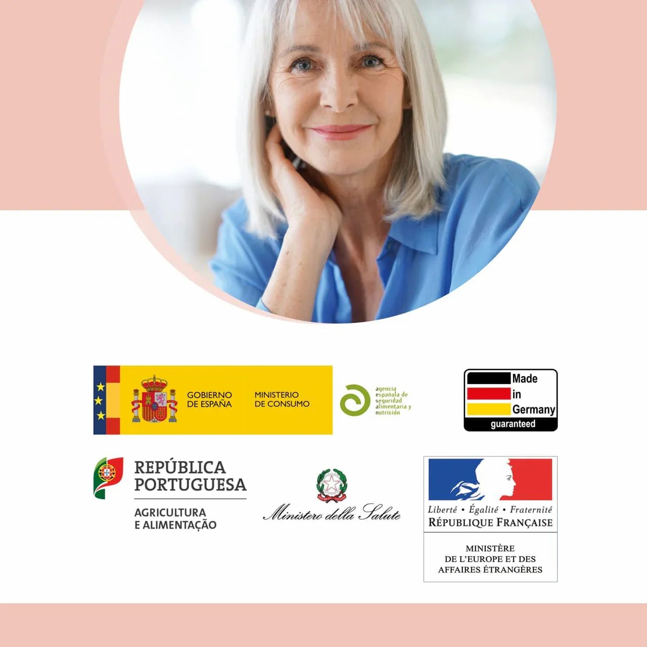 Donna anziana con loghi di Spagna, Portogallo, Italia, Germania, Francia e ministeri.