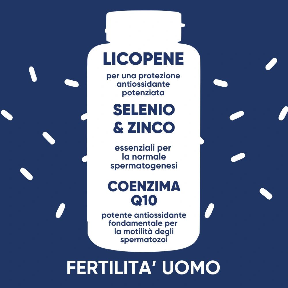 Etichetta bianca con testo: Licopene, Selenio & Zinco, Coenzima Q10, Fertilità Uomo. Sfondo blu con punti bianchi.