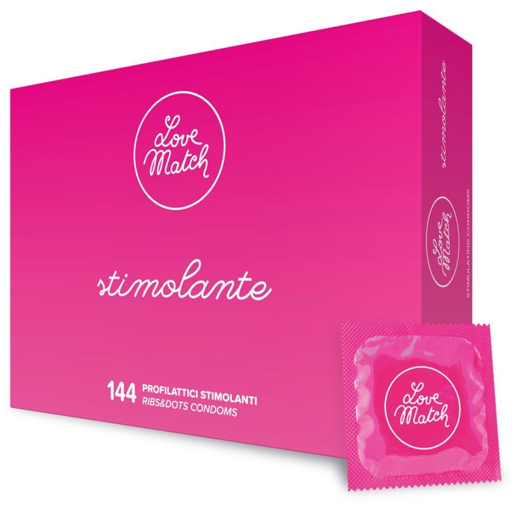 Scatola rosa "Love Match stimolante" con profilattico in bustina. Contiene 144 profilattici.