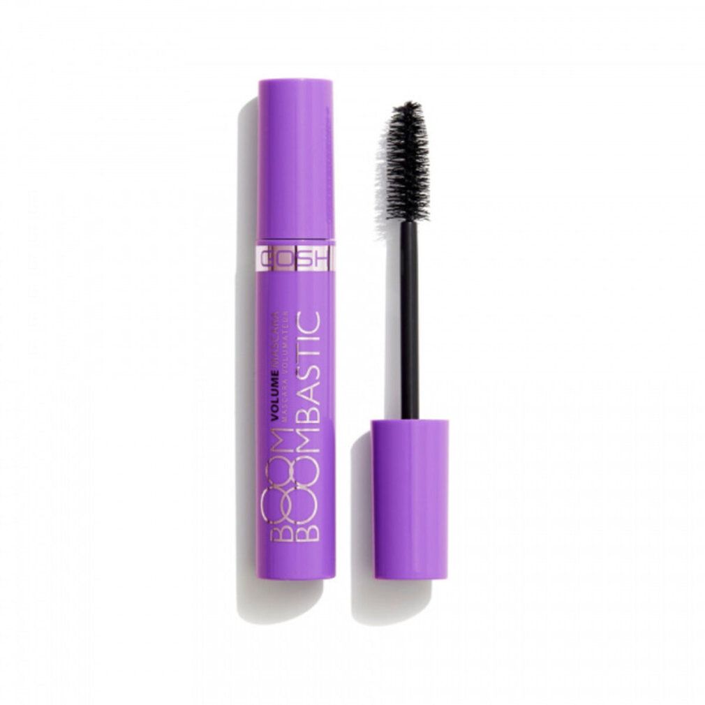 Tubo di mascara viola con spazzola nera. Scritta: GOSH BOOMBASTIC VOLUME.