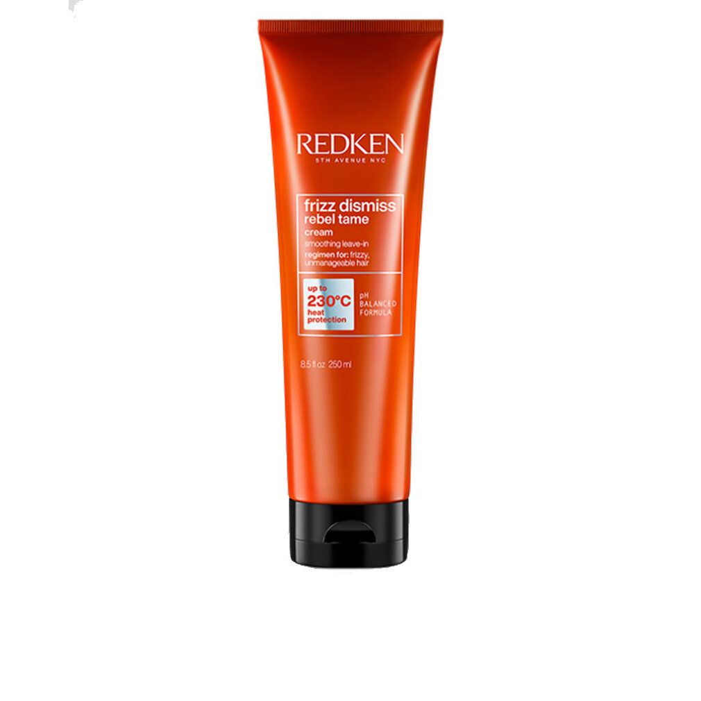 Tubo arancione con tappo nero. Scritta: Redken Frizz Dismiss Rebel Tame. Protezione termica 230°C.